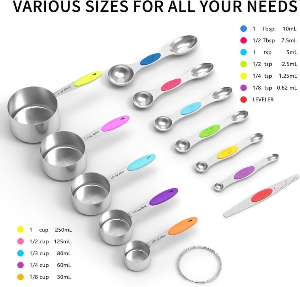 TILUCK measuring cups and magnetic measuring spoons set, stainless steel measuring cups, 6 double-sided stainless steel measuring spoons  1 leveler