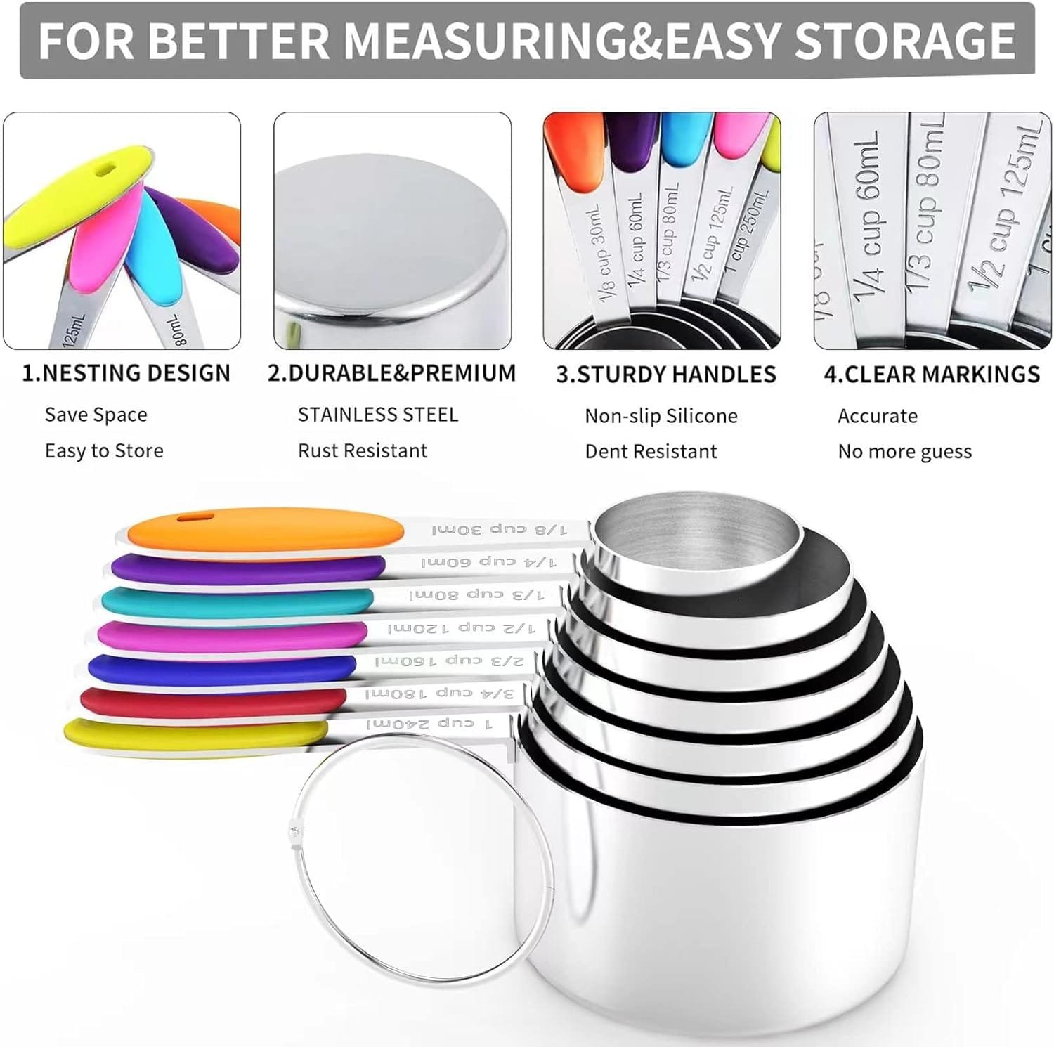 TILUCK measuring cups and magnetic measuring spoons set, stainless steel measuring cups, 6 double-sided stainless steel measuring spoons 1 leveler TILUCK measuring cups and magnetic measuring spoons set, stainless steel measuring cups, 6 double-sided stainless steel measuring spoons 1 leveler