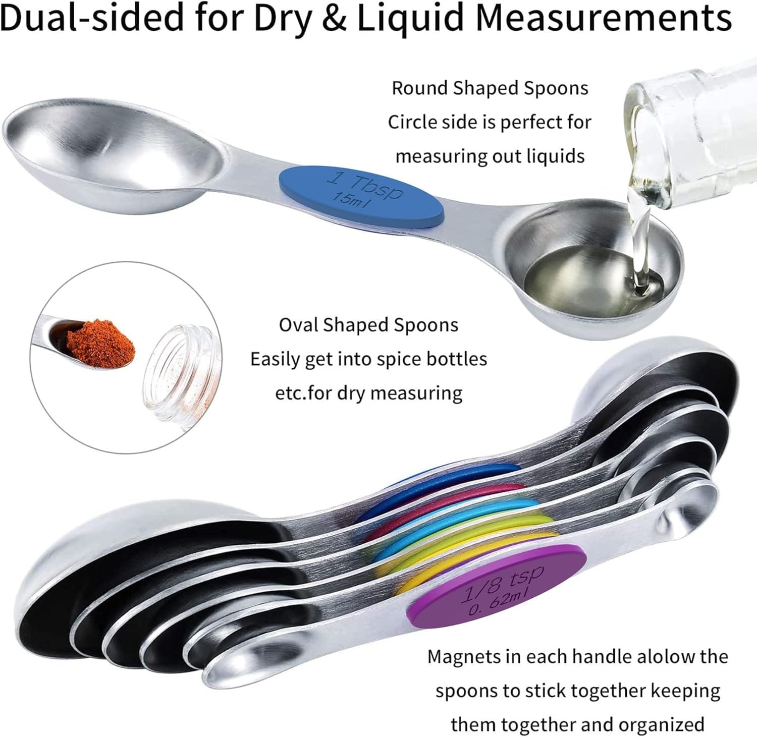 TILUCK measuring cups and magnetic measuring spoons set, stainless steel measuring cups, 6 double-sided stainless steel measuring spoons 1 leveler TILUCK measuring cups and magnetic measuring spoons set, stainless steel measuring cups, 6 double-sided stainless steel measuring spoons 1 leveler