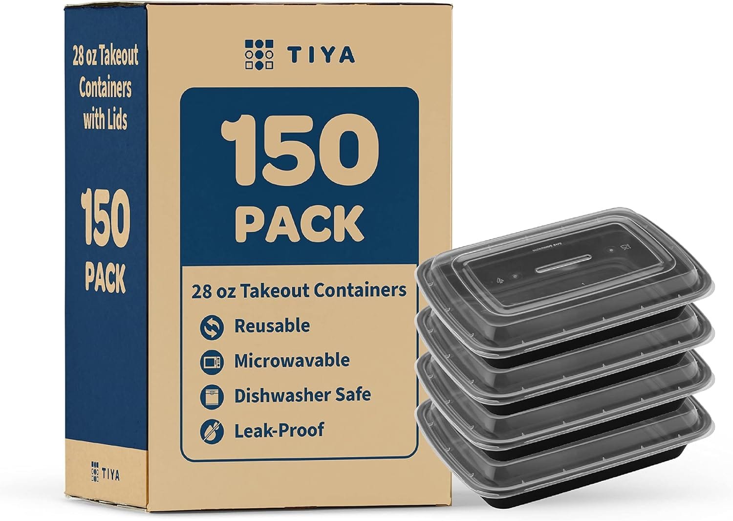 TIYA Takeout Food Containers - 12 oz Bulk 150 Pack with Lids - Rectangular Plastic Food Storage - Reusable Microwavable Dishwasher Safe Restaurant Set - Leak Proof for To-Go  Meal Prep