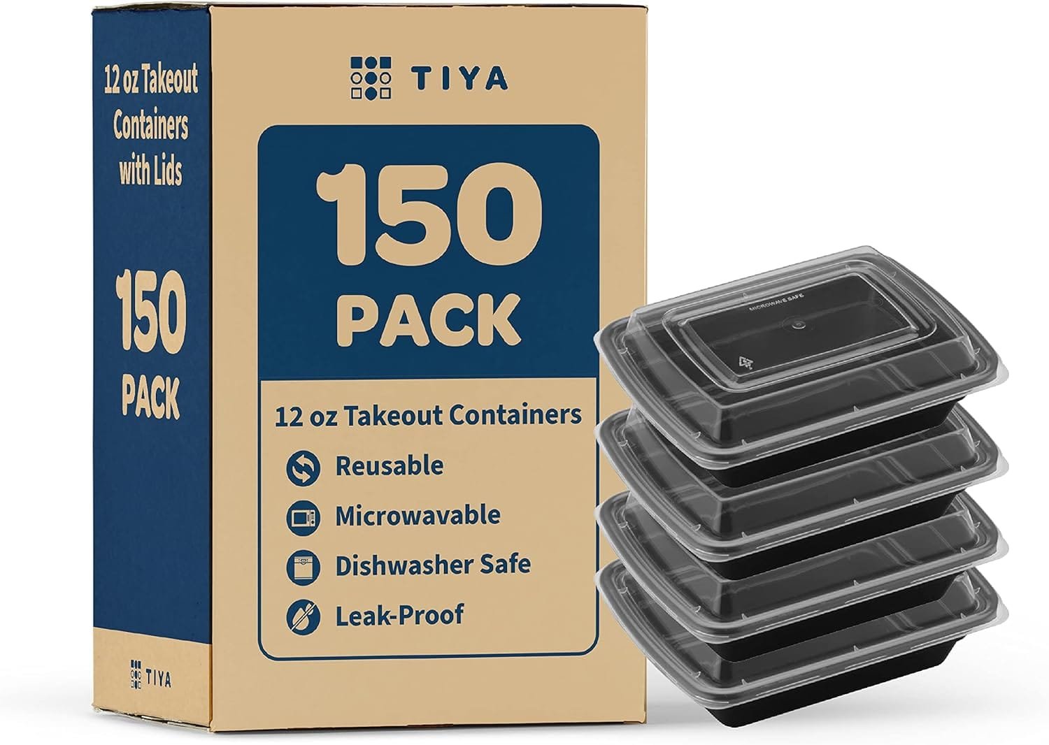 TIYA Takeout Food Containers - 12 oz Bulk 150 Pack with Lids - Rectangular Plastic Food Storage - Reusable Microwavable Dishwasher Safe Restaurant Set - Leak Proof for To-Go  Meal Prep