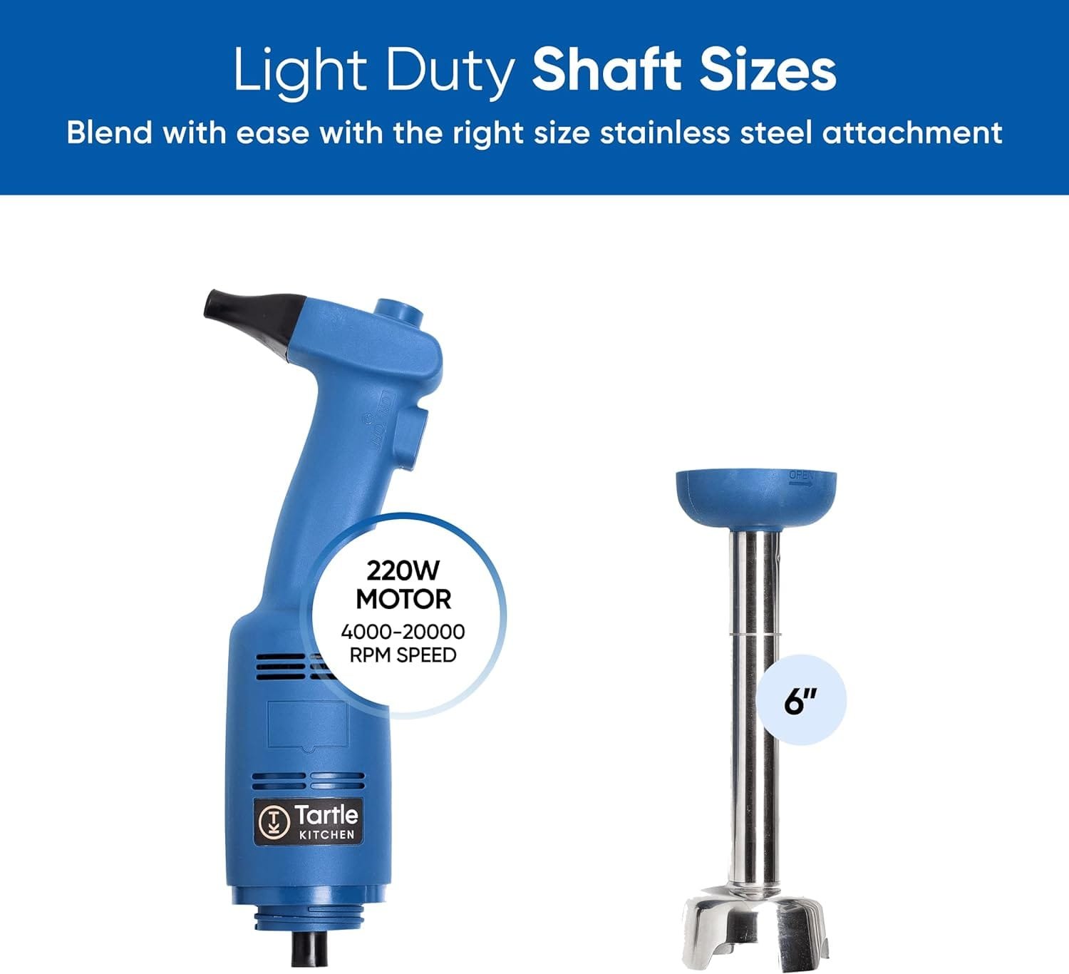 TK Tartle Kitchen Commercial Immersion Blender, Restaurant Professional Use, 220W 4000-20000RPM, Stainless-Steel, 8 inch Removable Shaft with Variable Speed