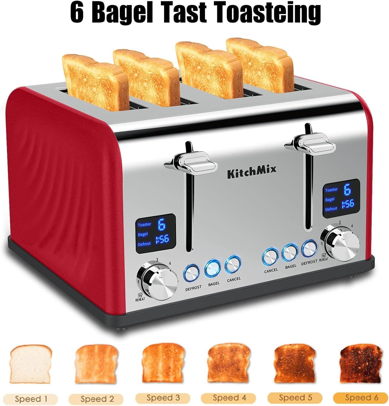 Toaster 4 Slice, KitchMix Bagel Stainless Toaster with LCD Timer, Extra Wide Slots, Dual Screen, Removal Crumb Tray (Red) Toaster 4 Slice, KitchMix Bagel Stainless Toaster with LCD Timer, Extra Wide Slots, Dual Screen, Removal Crumb Tray (Red)