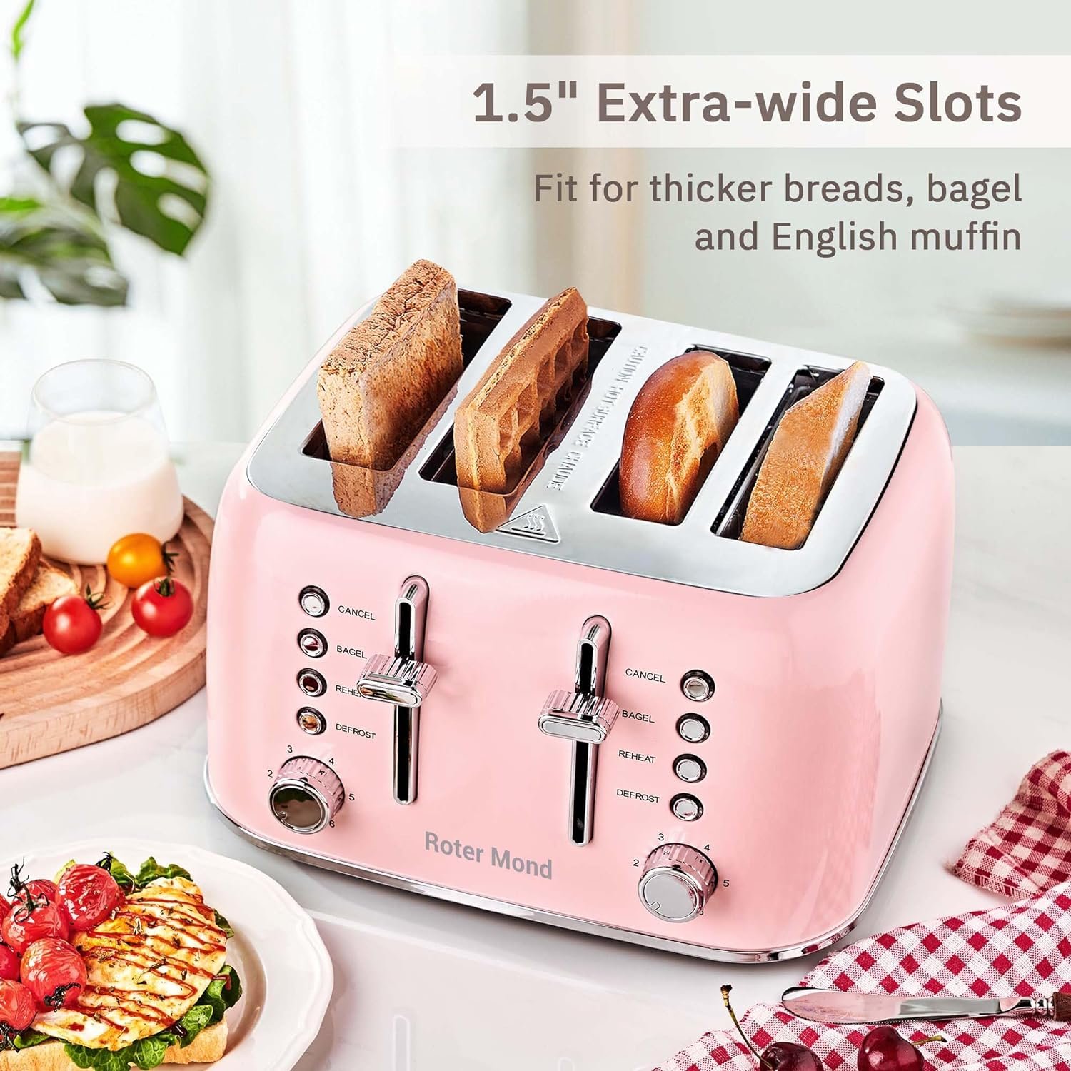 Toaster 4 Slice, Retro Stainless Steel Toaster with Extra Wide Slots Bagel, Defrost, Reheat Function, Dual Independent Control Panel, Removable Crumb Tray, 6 Browning Levels, Pink