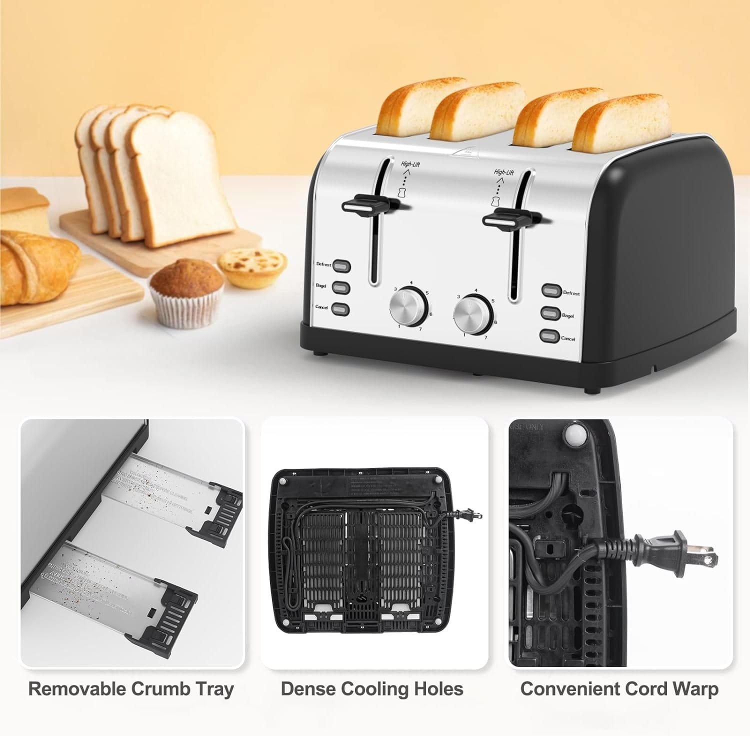 Toaster 4 Slice,Retro Stainless Steel Toater with 7 Shade Settings,Best Prime Toaster for Waffles, 4 Slice Wide Solt Toaster with 3 Mode，Bagels and More Lainsten Toaster T-527（Black）