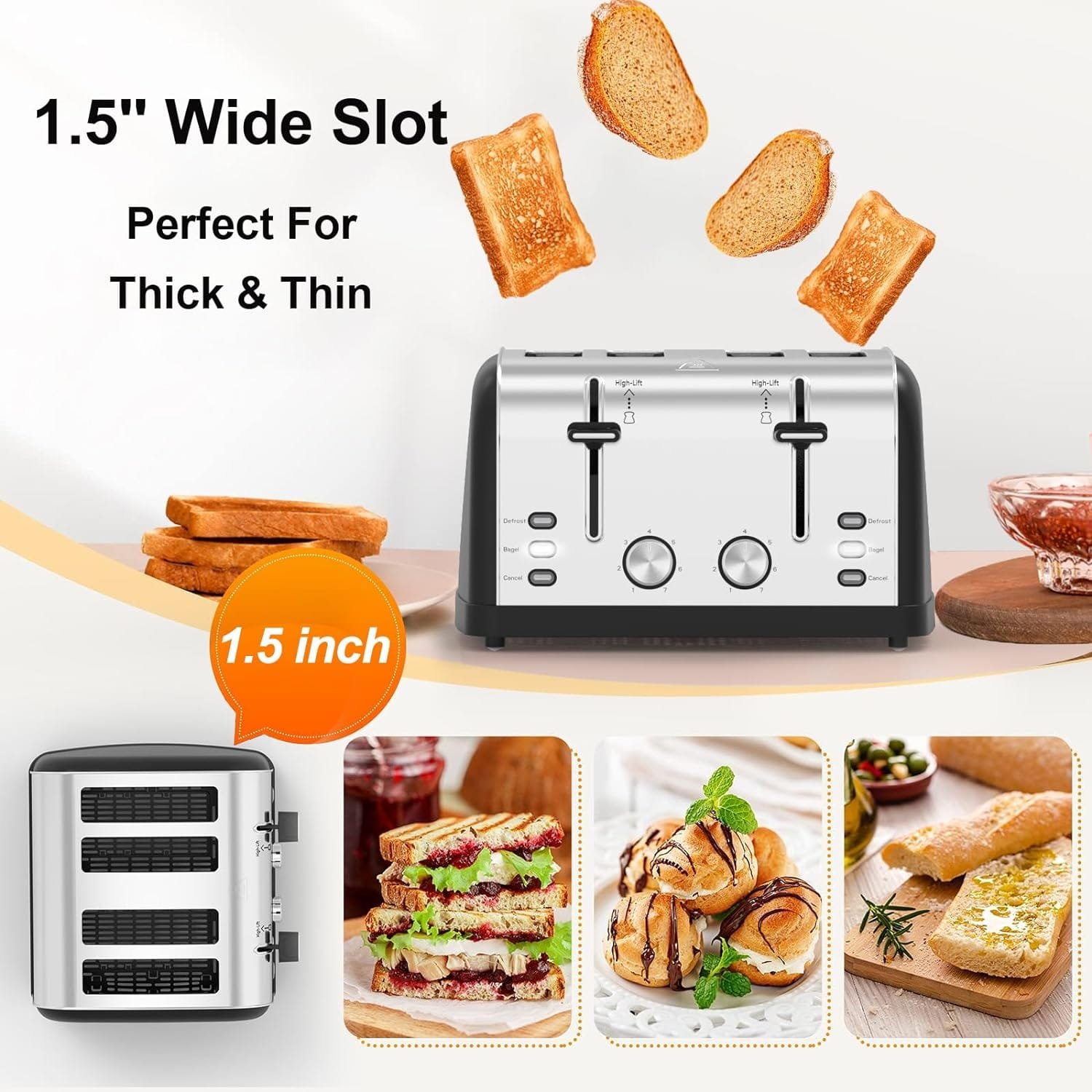 Toaster 4 Slice,Retro Stainless Steel Toater with 7 Shade Settings,Best Prime Toaster for Waffles, 4 Slice Wide Solt Toaster with 3 Mode，Bagels and More Lainsten Toaster T-527（Black）