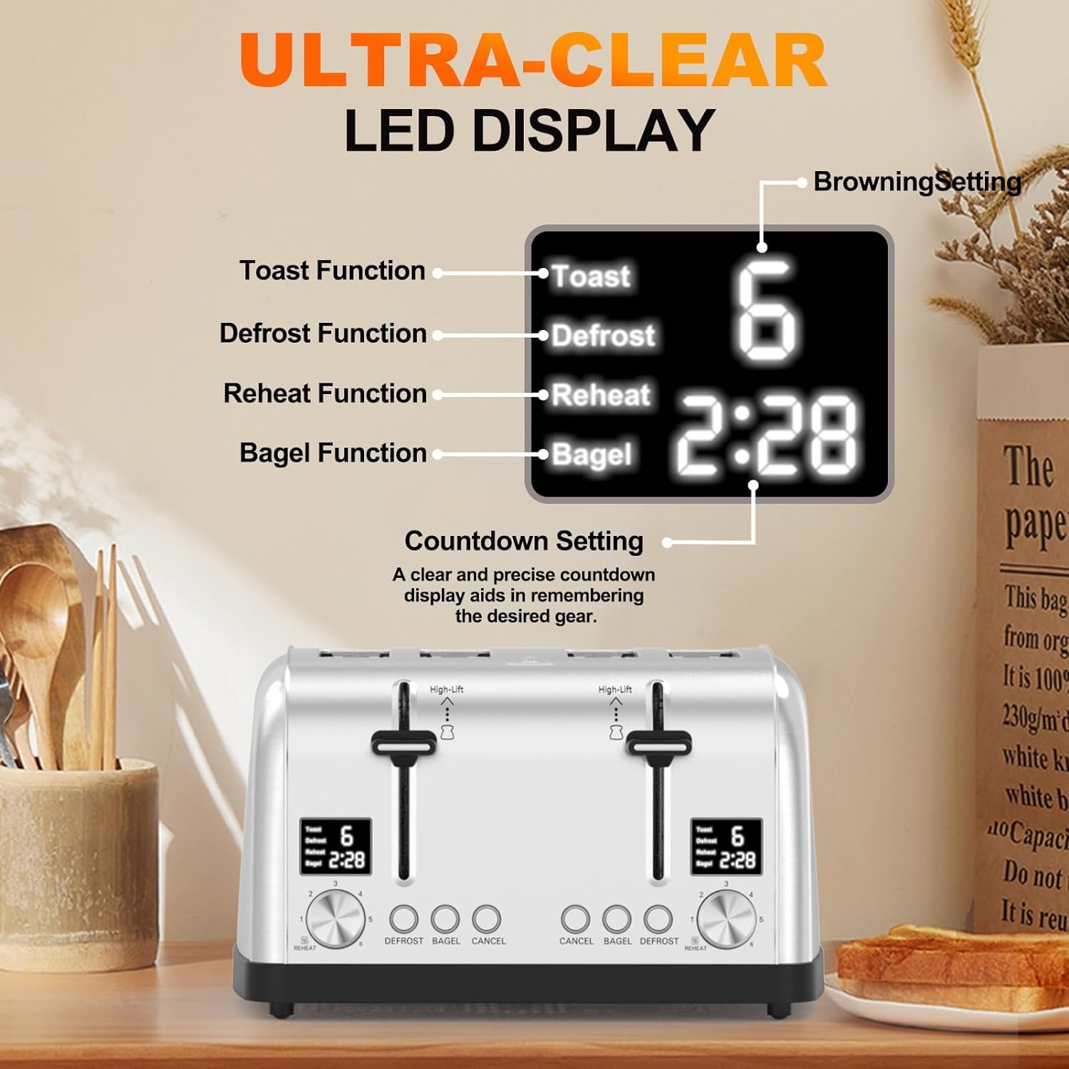 Toaster 4 Slice,Ultra-Clear Led Display, Dual Control Panels With Independent Settings,Retro Stainless Steel Toater with 6 Shade Settings,4 Slice Toaster with Bagel Lainsten Toaster T-5057D (Silver)