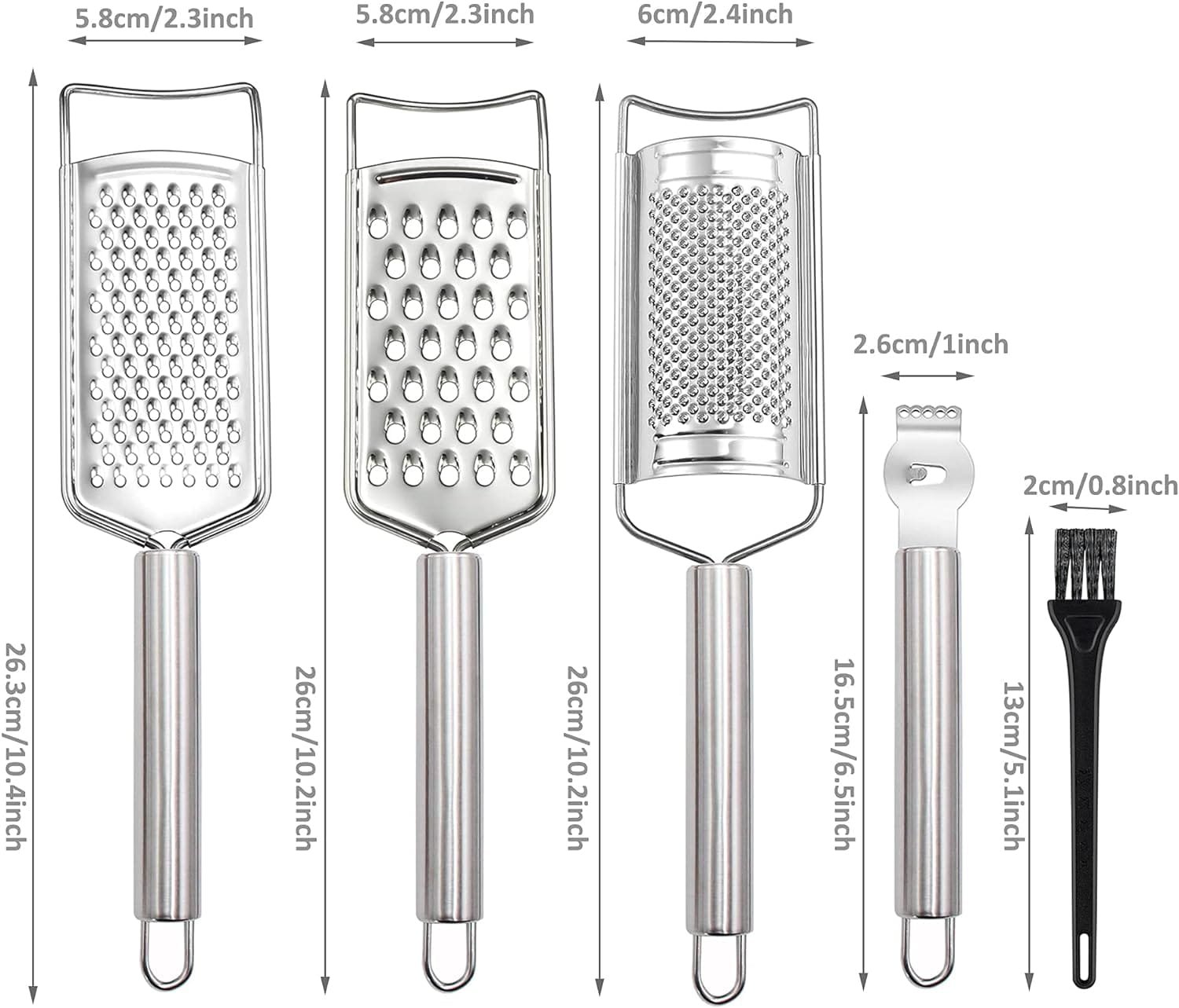 Tongjude Stainless Steel Cheese Grater Set, Set of 5 Kitchen Grater  Peeler  Slicer, Lemon Zester with Cleaning Brush for Vegetable, Fruit, Chocolate Tongjude Stainless Steel Cheese Grater Set, Set of 5 Kitchen Grater  Peeler  Slicer, Lemon Zester with Cleaning Brush for Vegetable, Fruit, Chocolate