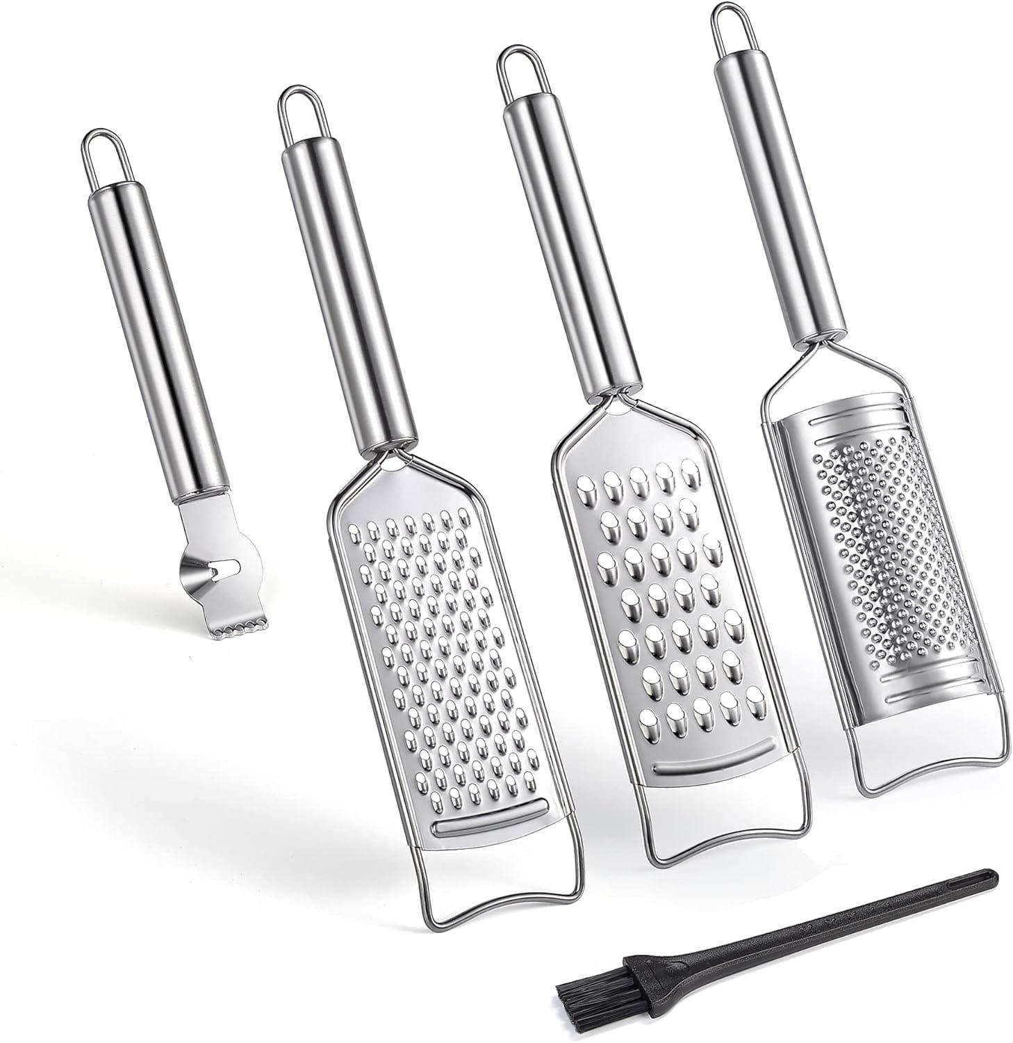 Tongjude Stainless Steel Cheese Grater Set, Set of 5 Kitchen Grater  Peeler  Slicer, Lemon Zester with Cleaning Brush for Vegetable, Fruit, Chocolate Tongjude Stainless Steel Cheese Grater Set, Set of 5 Kitchen Grater  Peeler  Slicer, Lemon Zester with Cleaning Brush for Vegetable, Fruit, Chocolate