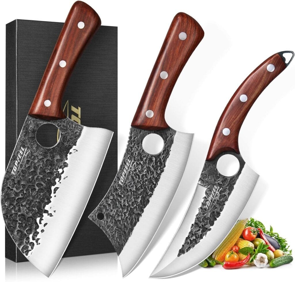 Topfeel 3PCS Butcher Knife Set, Hand Forged Serbian Chef Knife  Meat Cleaver Knife  Viking Knives, Meat Cutting Kitchen Knife Set for Home, Outdoor Cooking, Camping BBQ Gift Idea Men