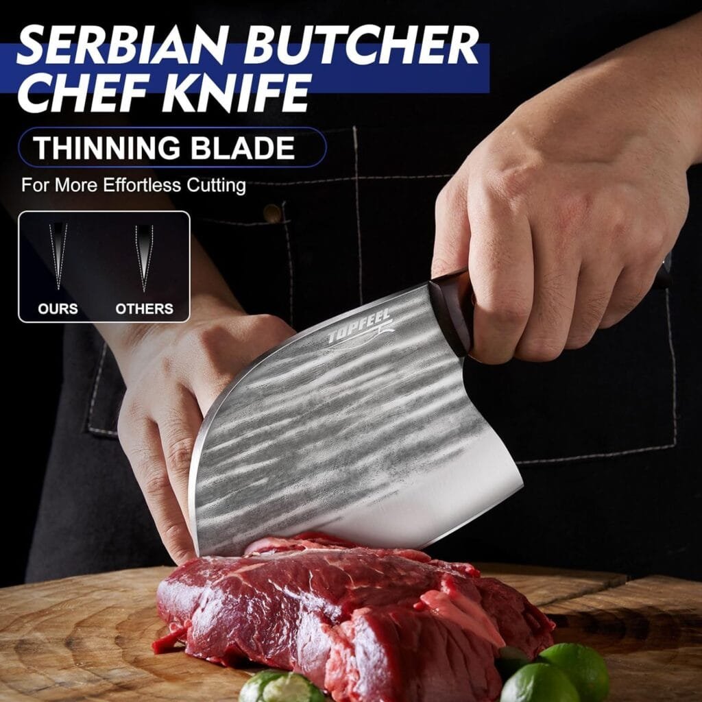 Topfeel 3PCS Butcher Knife Set, Hand Forged Serbian Chef Knife  Meat Cleaver Knife  Viking Knives, Meat Cutting Kitchen Knife Set for Home, Outdoor Cooking, Camping BBQ Gift Idea Men
