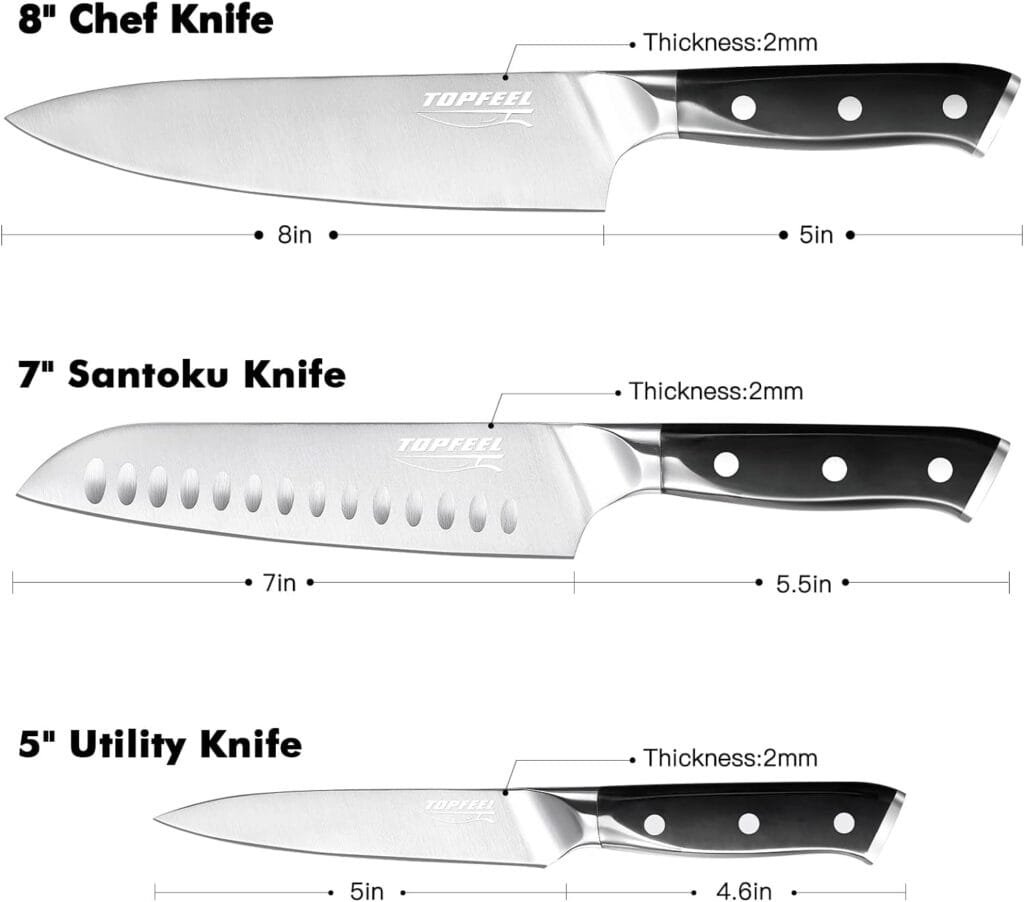 Topfeel Professional Chef Knife Set Sharp Knife, German High Carbon Stainless Steel Kitchen Knife Set 3 PCS-8 Chefs Knife 7 Santoku Knife5 Utility Knife, Knives Set for Kitchen with Gift Box