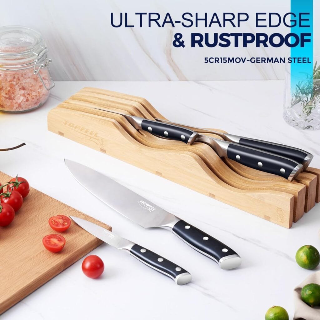 Topfeel Professional Chef Knife Set Sharp Knife, German High Carbon Stainless Steel Kitchen Knife Set 3 PCS-8 Chefs Knife 7 Santoku Knife5 Utility Knife, Knives Set for Kitchen with Gift Box
