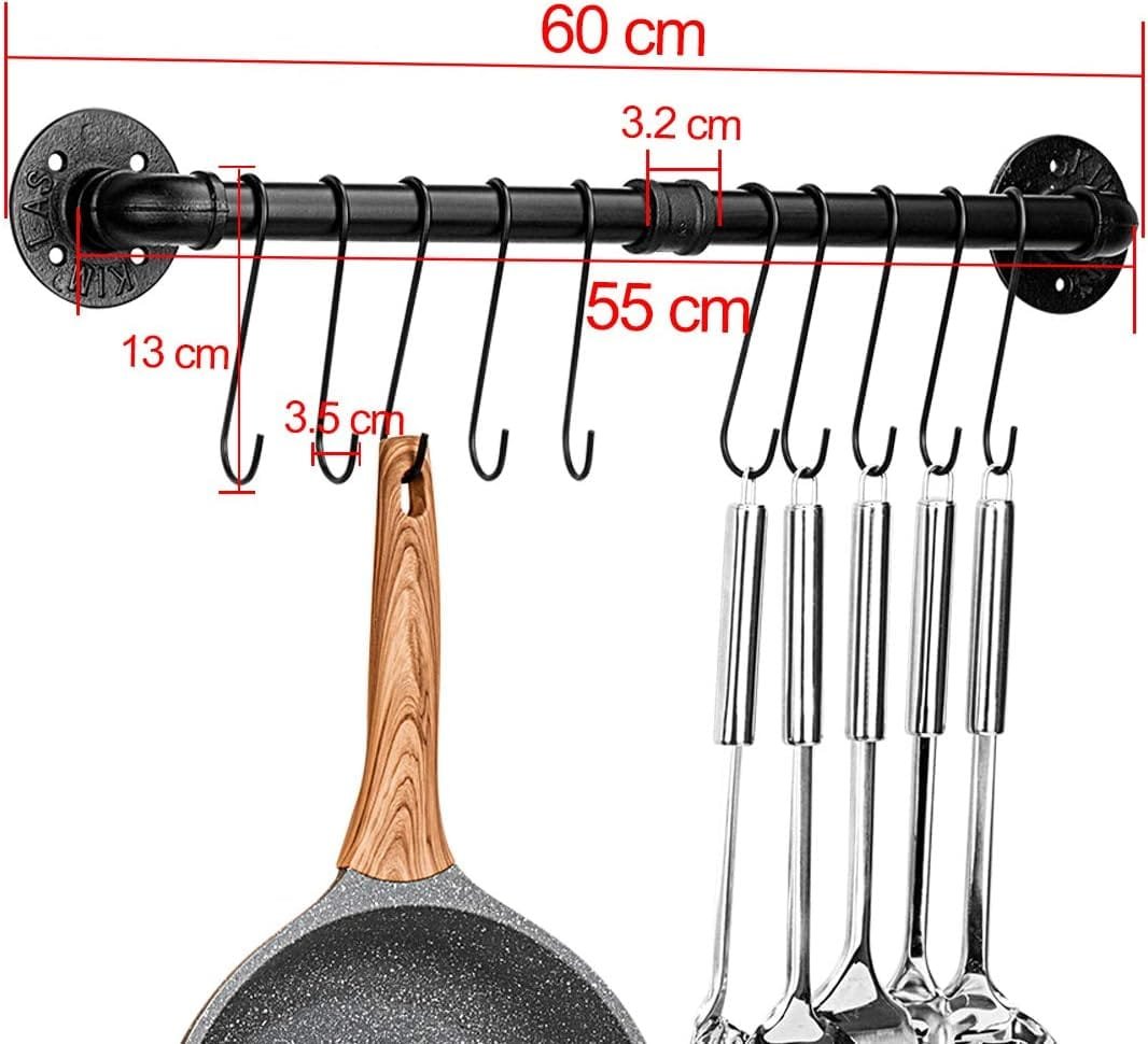 Toplife 31.5 inch Pot Rack, Kitchen Wall Mounted Detachable Pan Lid Utensils Organizer Hanging Rail with 14 Hooks, Black