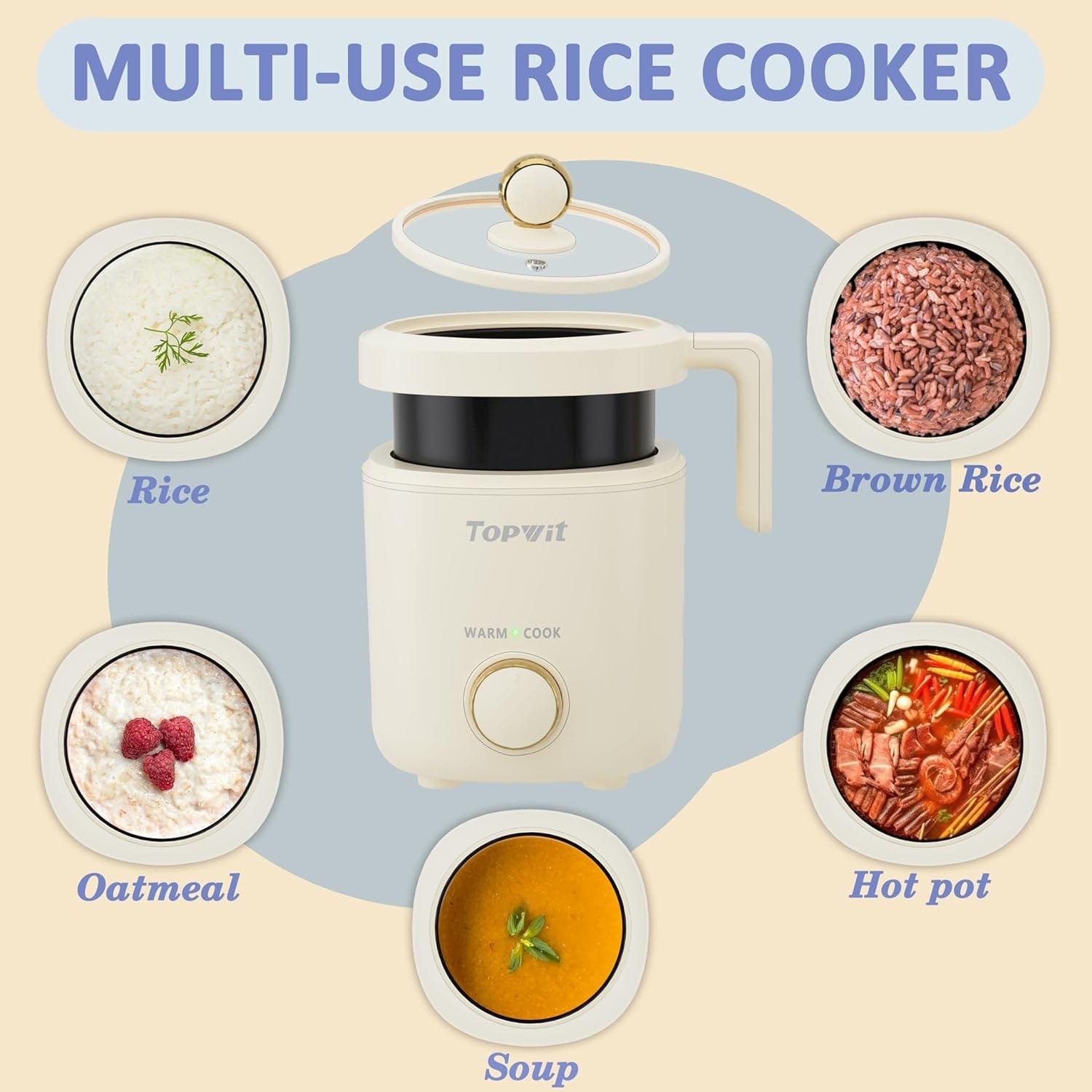 TOPWIT Rice Cooker Small, 2-Cups Uncooked, 1.2L Mini Rice Cooker with Non-stick Coating, BPA Free, Portable Rice Maker with One Touch  Keep Warm Function, Beige