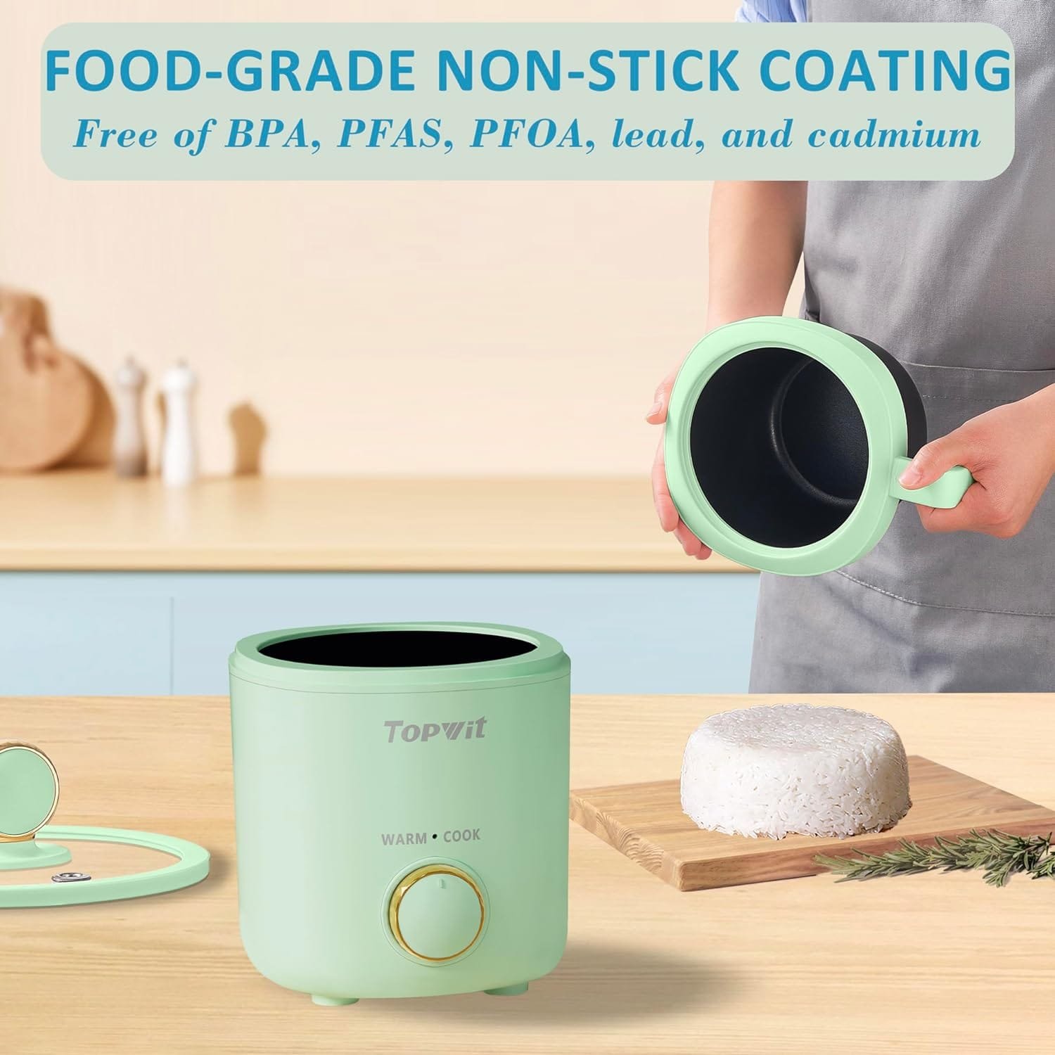 TOPWIT Rice Cooker Small, 2-Cups Uncooked, 1.2L Mini Rice Cooker with Non-stick Coating, BPA Free, Portable Rice Maker with One Touch  Keep Warm Function, Beige