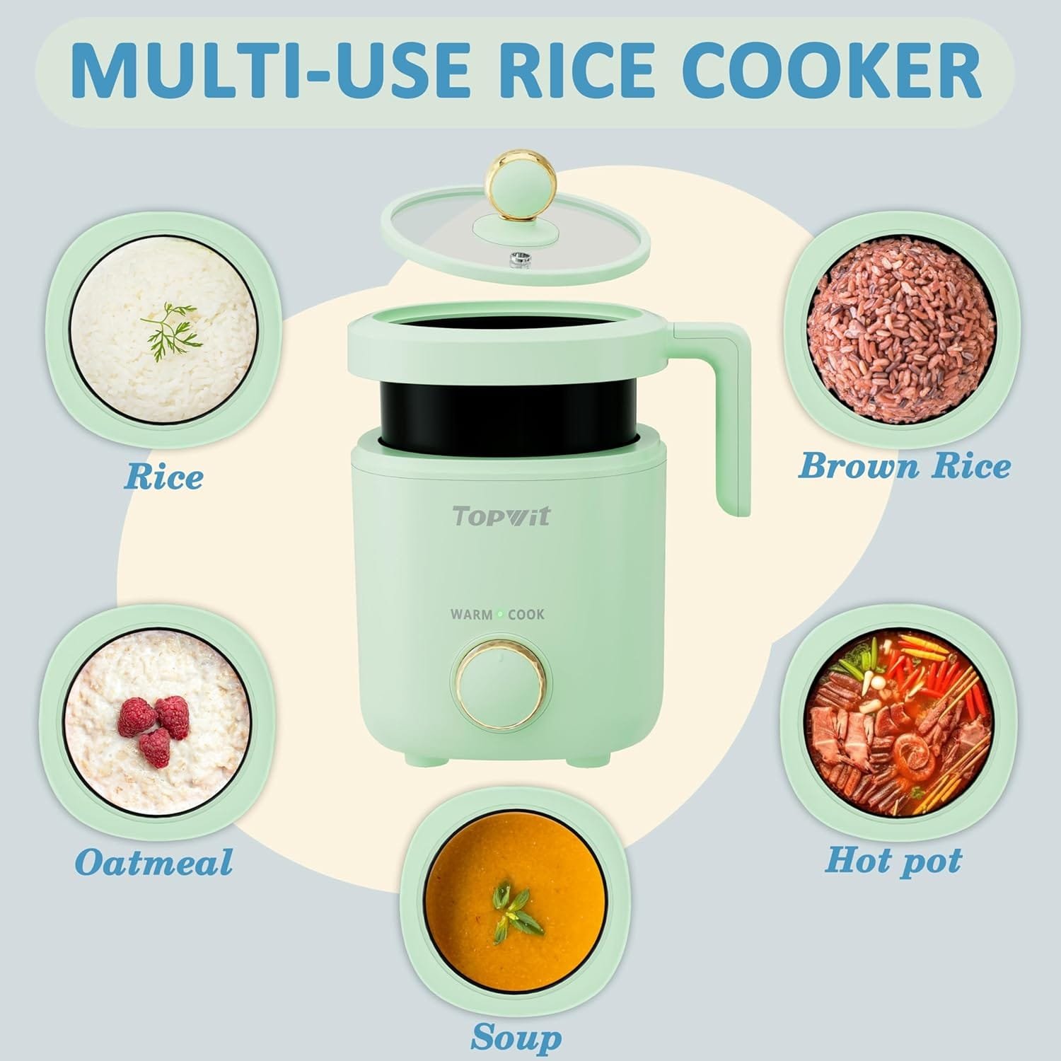 TOPWIT Rice Cooker Small, 2-Cups Uncooked, 1.2L Mini Rice Cooker with Non-stick Coating, BPA Free, Portable Rice Maker with One Touch  Keep Warm Function, Beige