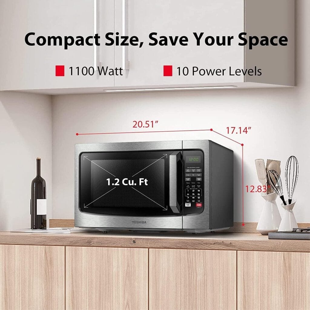 TOSHIBA EM131A5C-BS Countertop Microwave Ovens 1.2 Cu Ft, 12.4 Removable Turntable Smart Humidity Sensor 12 Auto Menus Mute Function ECO Mode Easy Clean Interior Black Color 1100W