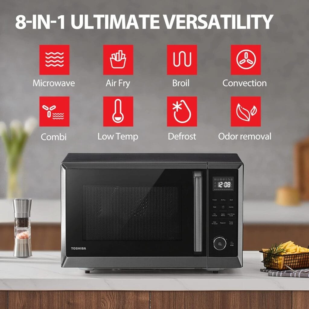 TOSHIBA EM131A5C-BS Countertop Microwave Ovens 1.2 Cu Ft, 12.4 Removable Turntable Smart Humidity Sensor 12 Auto Menus Mute Function ECO Mode Easy Clean Interior Black Color 1100W