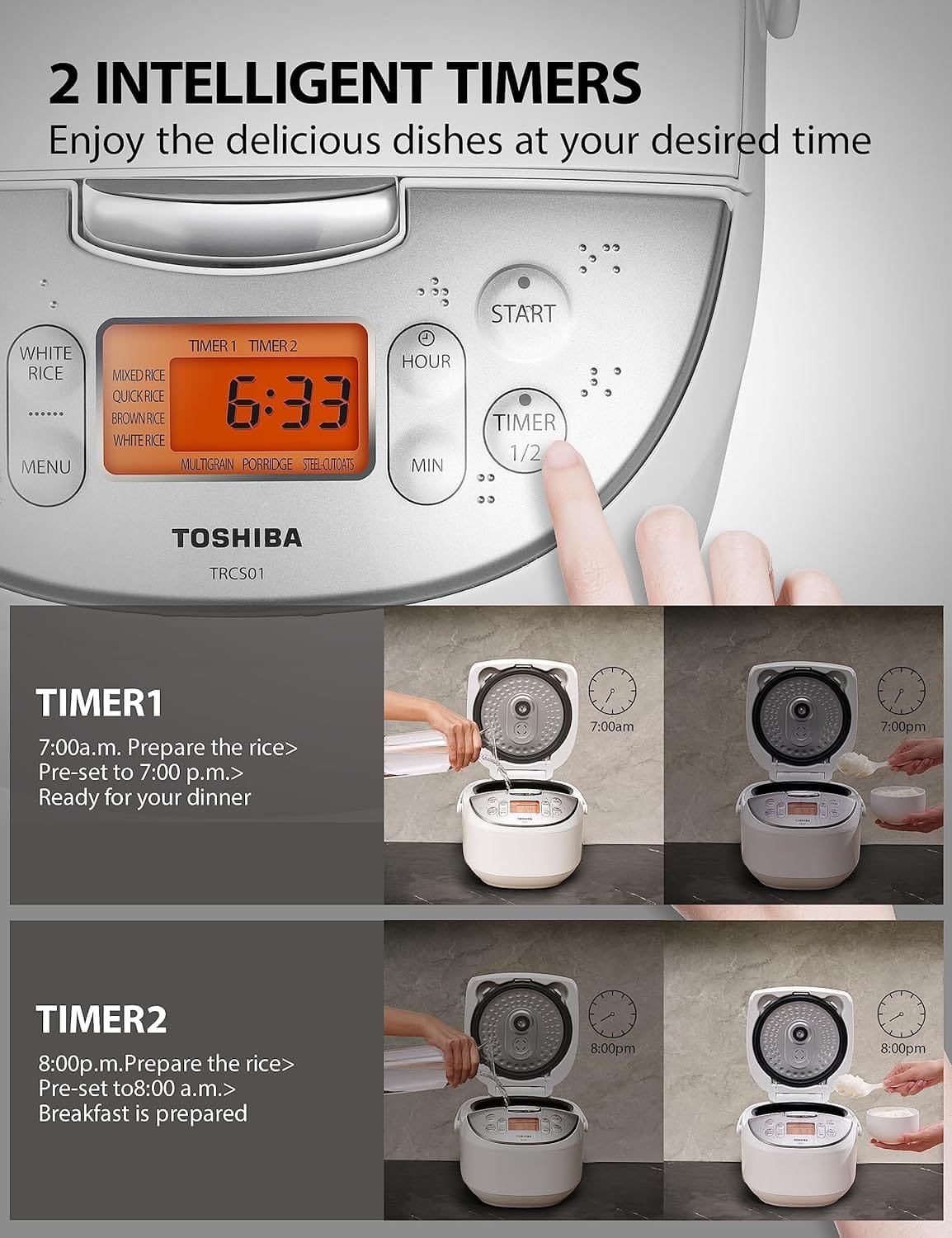 TOSHIBA Rice Cooker Small 3-Cup Uncooked– LCD Display with 8 Cooking Functions: Rice, Oatmeal, Mixed Grains and More, NonStick Inner Pot, Grey