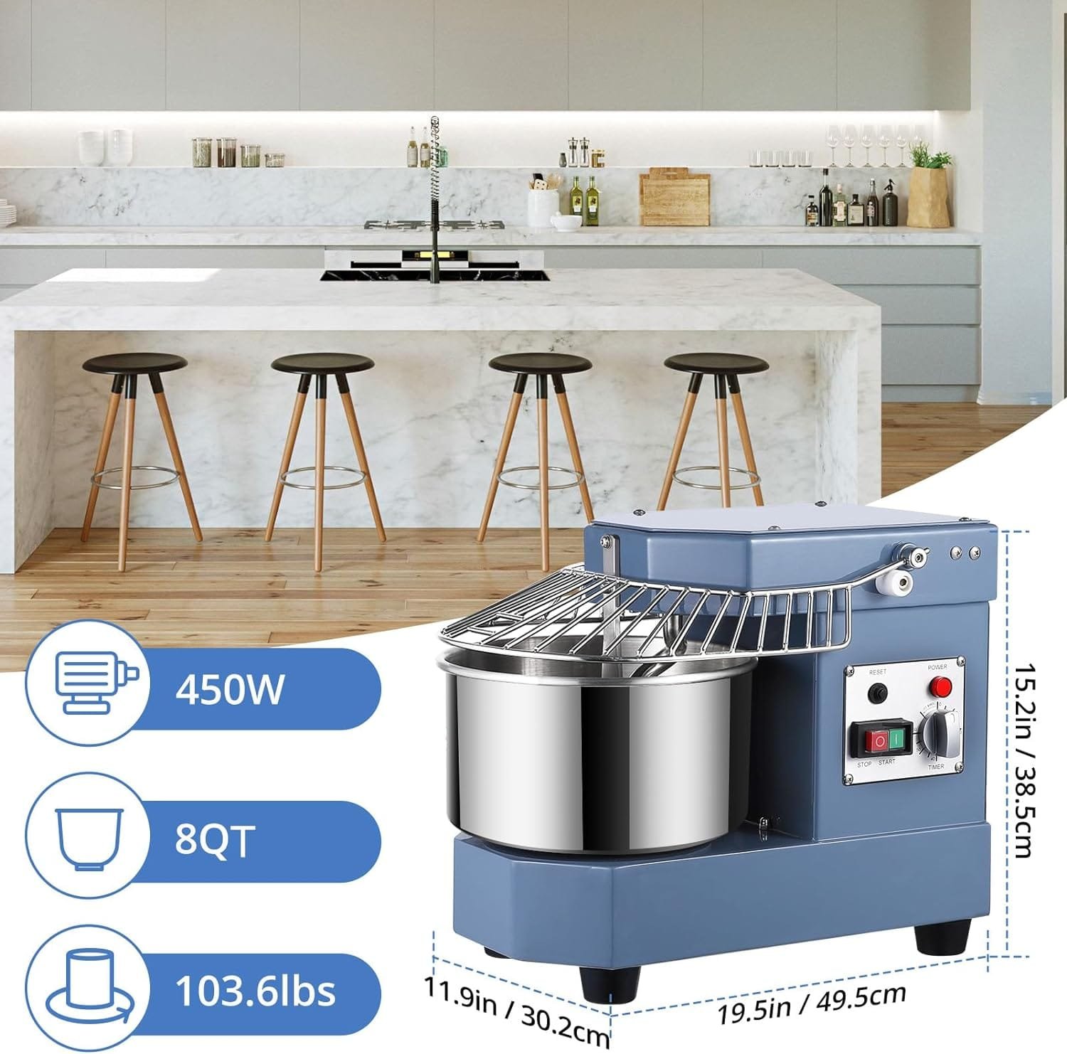 Towallmark Commercial Dough Mixer, 8QT Stainless Steel Bowl, 450W Dual Rotating Dough Kneading Machine with Safety Shield,for Restaurant, Bakeries,Pizzeria