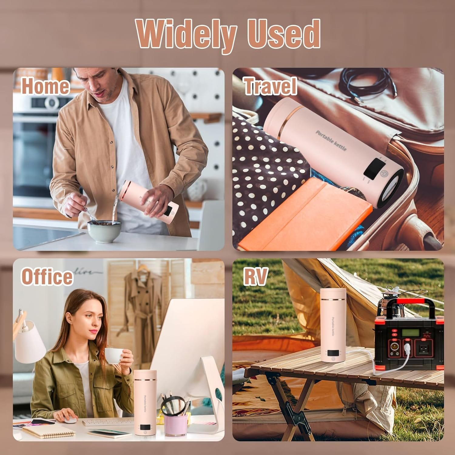 Travel Electric Kettle Portable Mini Kettle,Small Hot Water Boiler with 4 Temperature Settings,304 Stainless Steel,Fast Boiling Water with Auto Shut-Off and Boil Dry Protection (Beige, 400ML)