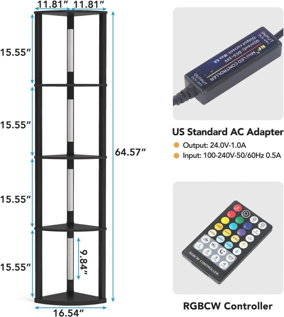 Tribesigns Corner Display Shelf with 6 Color Lights, Corner Bookshelf Bookcase with LED Lighting, Dimmable Standing Floor Lamp Curio Shelving Unit for Living Room Bedroom Home Office Decor