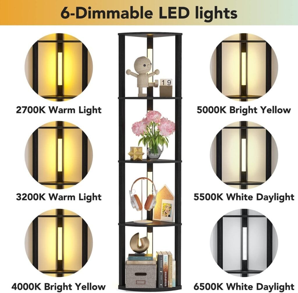 Tribesigns Corner Display Shelf with 6 Color Lights, Corner Bookshelf Bookcase with LED Lighting, Dimmable Standing Floor Lamp Curio Shelving Unit for Living Room Bedroom Home Office Decor