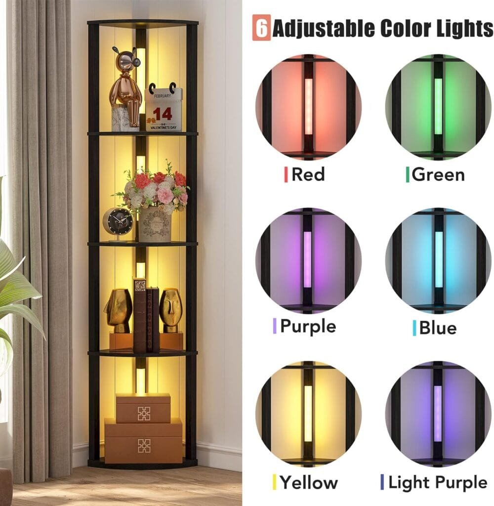 Tribesigns Corner Display Shelf with 6 Color Lights, Corner Bookshelf Bookcase with LED Lighting, Dimmable Standing Floor Lamp Curio Shelving Unit for Living Room Bedroom Home Office Decor