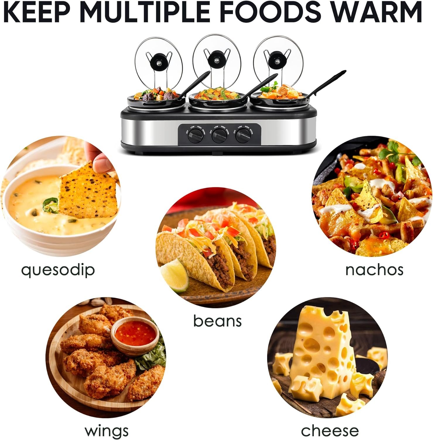 Triple Slow Cooker, 3 X 1.5QT Mini Individual Pots with Adjustable Temp, Dishwasher Safe, Portable Buffet Server and Warmer, Safe Ceramic Pots  Glass Lid, Stainless Steel Triple Slow Cooker, 3 X 1.5QT Mini Individual Pots with Adjustable Temp, Dishwasher Safe, Portable Buffet Server and Warmer, Safe Ceramic Pots  Glass Lid, Stainless Steel