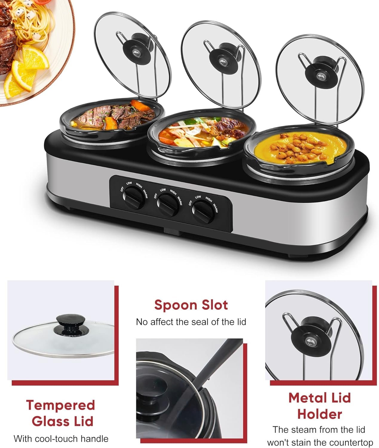 Triple Slow Cooker with Lid Rests, Breakfast Buffet Servers and Warmers with 3 X 1.5Qt, Tempered glass lids  3 Adjustable Temp, Dishwasher Safe, Stainless Steel Triple Slow Cooker with Lid Rests, Breakfast Buffet Servers and Warmers with 3 X 1.5Qt, Tempered glass lids  3 Adjustable Temp, Dishwasher Safe, Stainless Steel