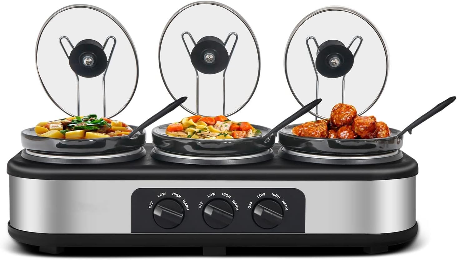 Triple Slow Cooker with Lid Rests, Breakfast Buffet Servers and Warmers with 3 X 1.5Qt, Tempered glass lids  3 Adjustable Temp, Dishwasher Safe, Stainless Steel Triple Slow Cooker with Lid Rests, Breakfast Buffet Servers and Warmers with 3 X 1.5Qt, Tempered glass lids  3 Adjustable Temp, Dishwasher Safe, Stainless Steel