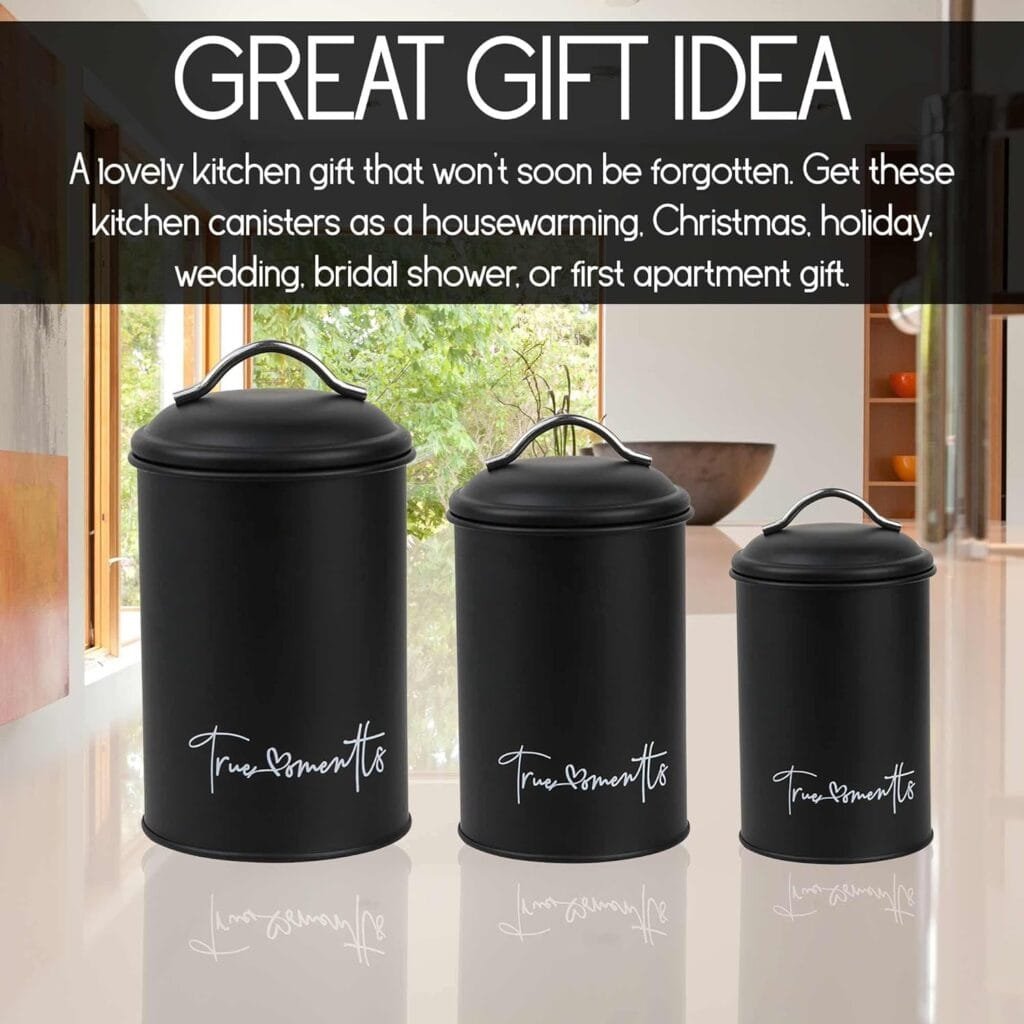True Moments Nesting Kitchen Canisters, Set of 3 for Countertop Storage, Airtight White Farmhouse Canister Jars with Removable Chalkboard Labels and Marker (White, Black) True Moments Nesting Kitchen Canisters, Set of 3 for Countertop Storage, Airtight White Farmhouse Canister Jars with Removable Chalkboard Labels and Marker (White, Black)