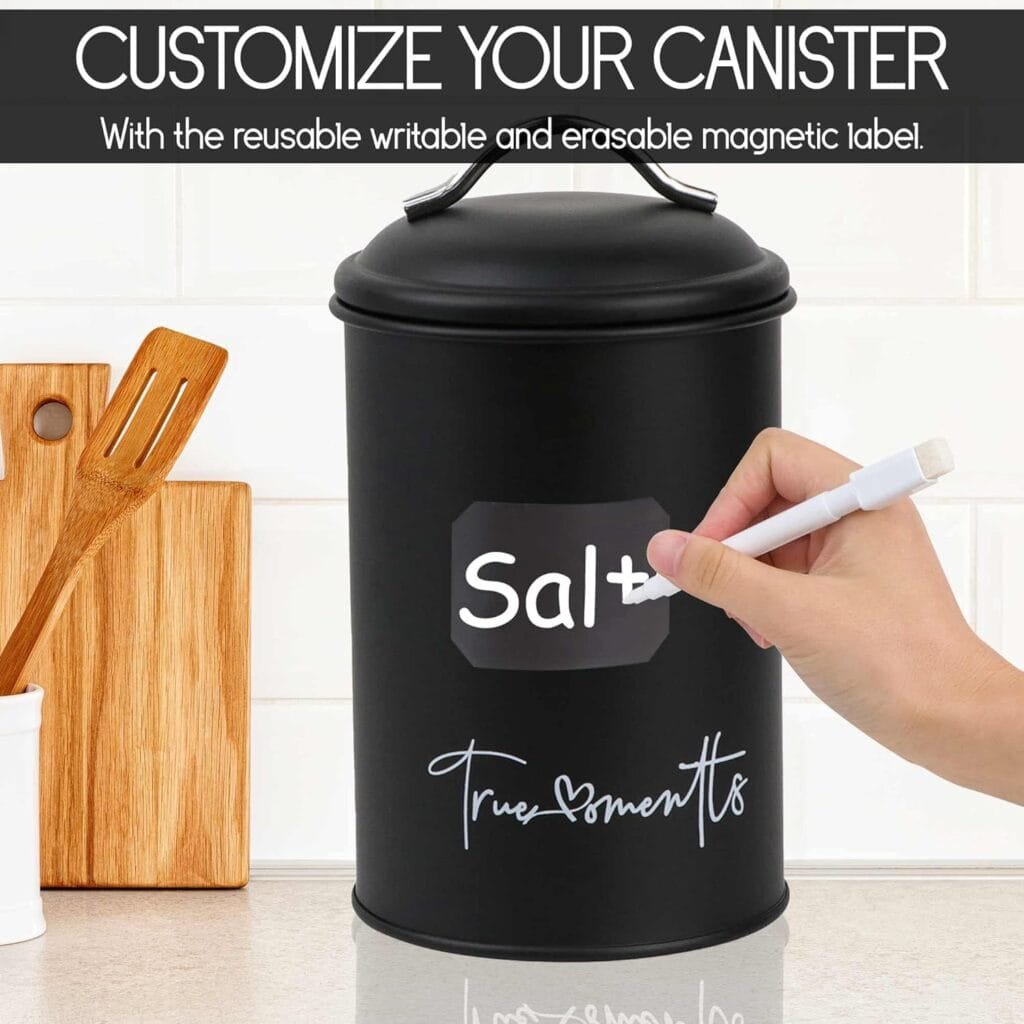 True Moments Nesting Kitchen Canisters, Set of 3 for Countertop Storage, Airtight White Farmhouse Canister Jars with Removable Chalkboard Labels and Marker (White, Black) True Moments Nesting Kitchen Canisters, Set of 3 for Countertop Storage, Airtight White Farmhouse Canister Jars with Removable Chalkboard Labels and Marker (White, Black)