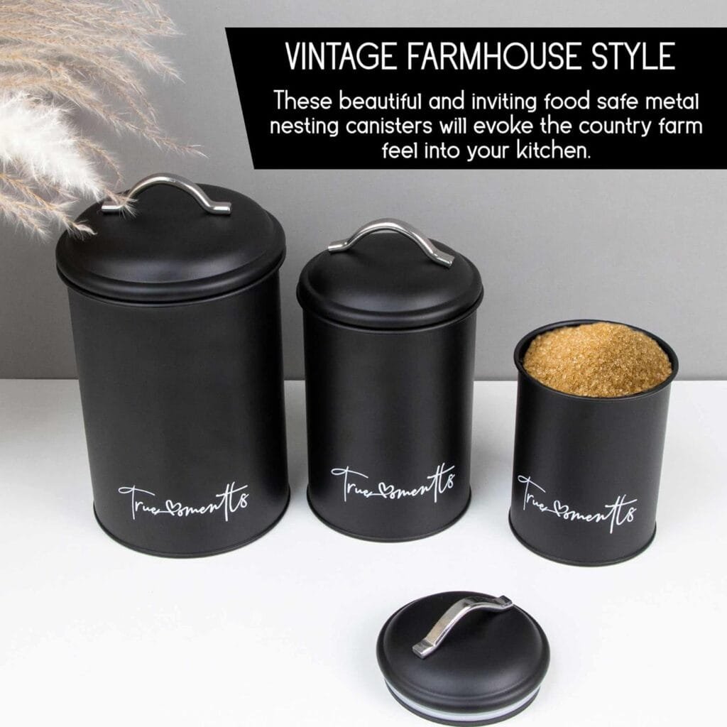 True Moments Nesting Kitchen Canisters, Set of 3 for Countertop Storage, Airtight White Farmhouse Canister Jars with Removable Chalkboard Labels and Marker (White, Black) True Moments Nesting Kitchen Canisters, Set of 3 for Countertop Storage, Airtight White Farmhouse Canister Jars with Removable Chalkboard Labels and Marker (White, Black)
