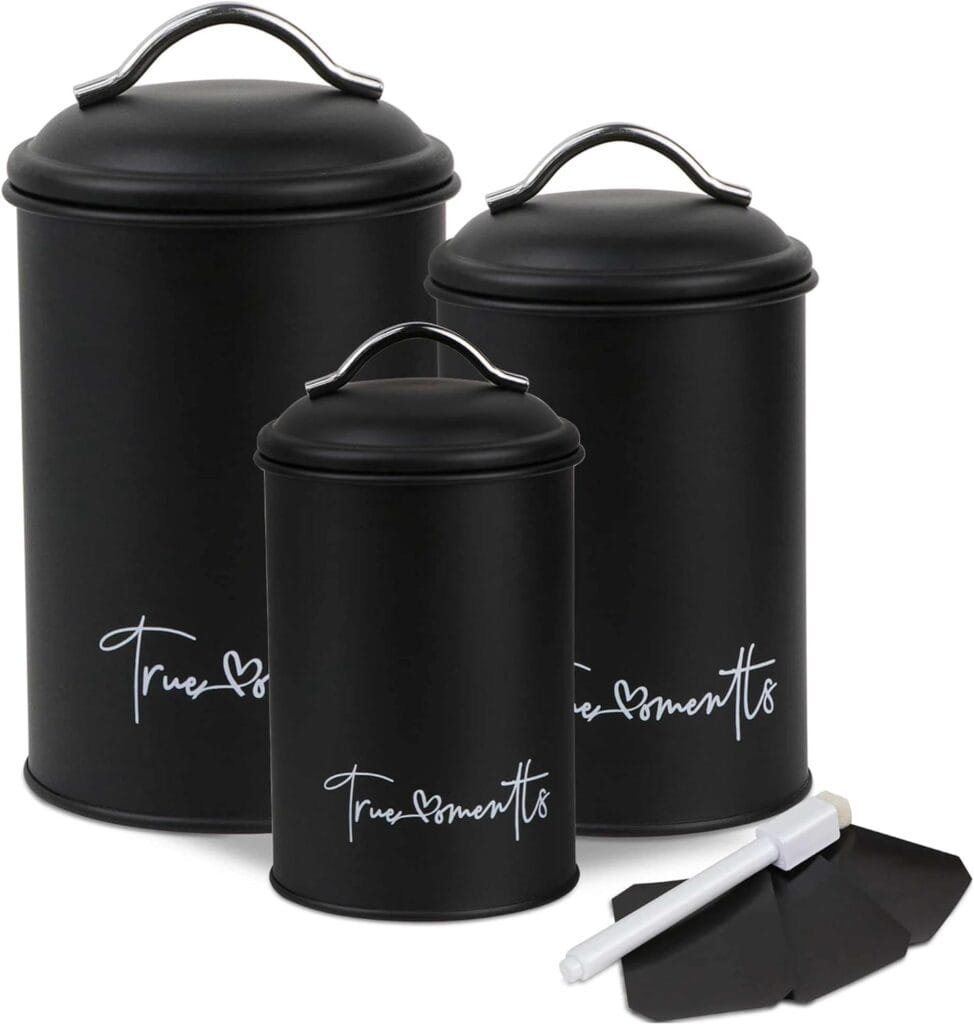 True Moments Nesting Kitchen Canisters, Set of 3 for Countertop Storage, Airtight White Farmhouse Canister Jars with Removable Chalkboard Labels and Marker (White, Black) True Moments Nesting Kitchen Canisters, Set of 3 for Countertop Storage, Airtight White Farmhouse Canister Jars with Removable Chalkboard Labels and Marker (White, Black)