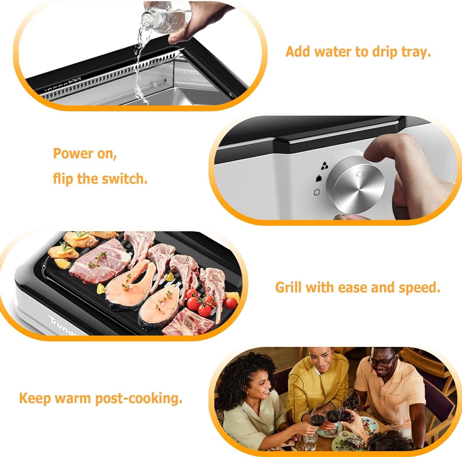 Trundlia Electric Smokeless Indoor Grill, glass-sealed tubes, 1660W, 446°F Rapid Infrared Heating,Larger Size15*10 Nonstick Surface, Indoor BBQ,outdoor patio events, camping trips,RV travels (GREY)