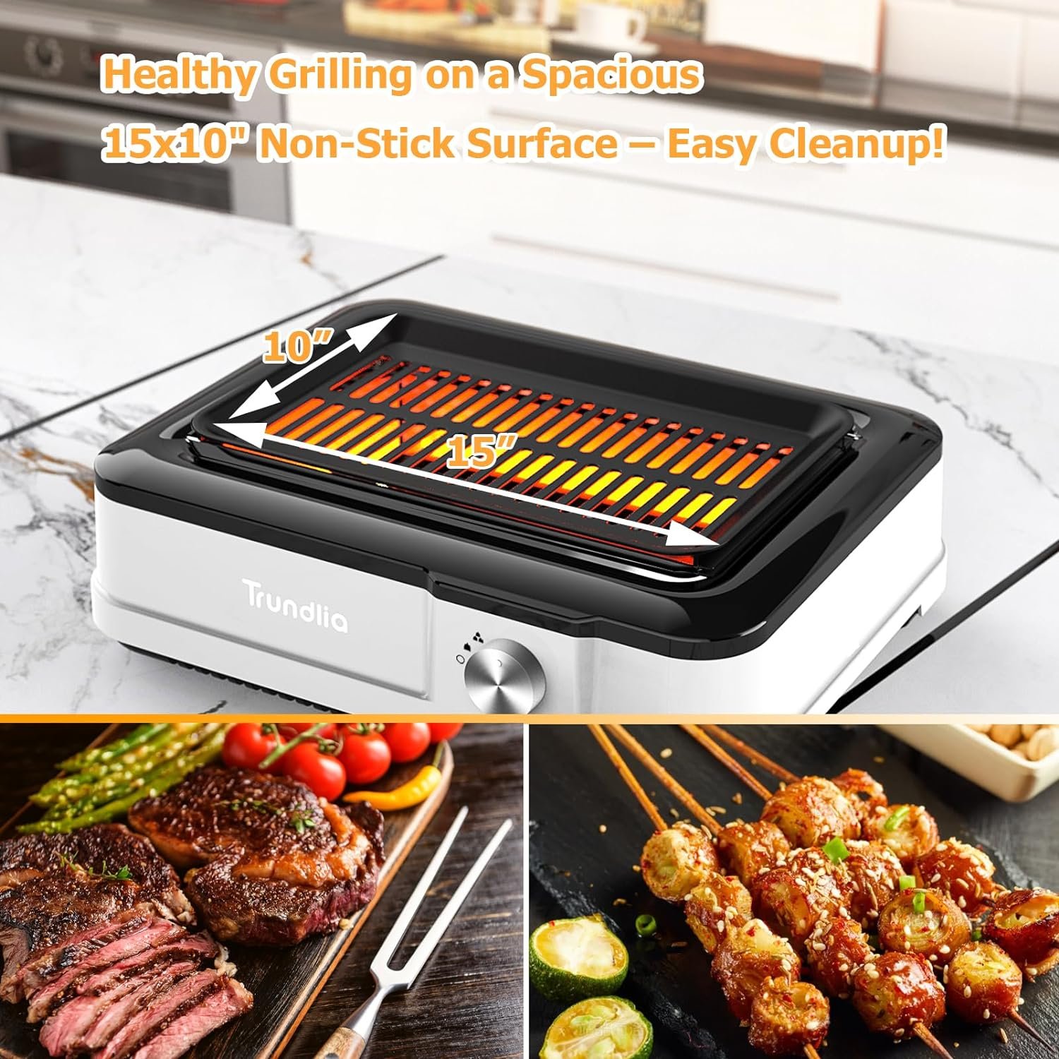 Trundlia Electric Smokeless Indoor Grill, glass-sealed tubes, 1660W, 446°F Rapid Infrared Heating,Larger Size15*10 Nonstick Surface, Indoor BBQ,outdoor patio events, camping trips,RV travels (GREY)