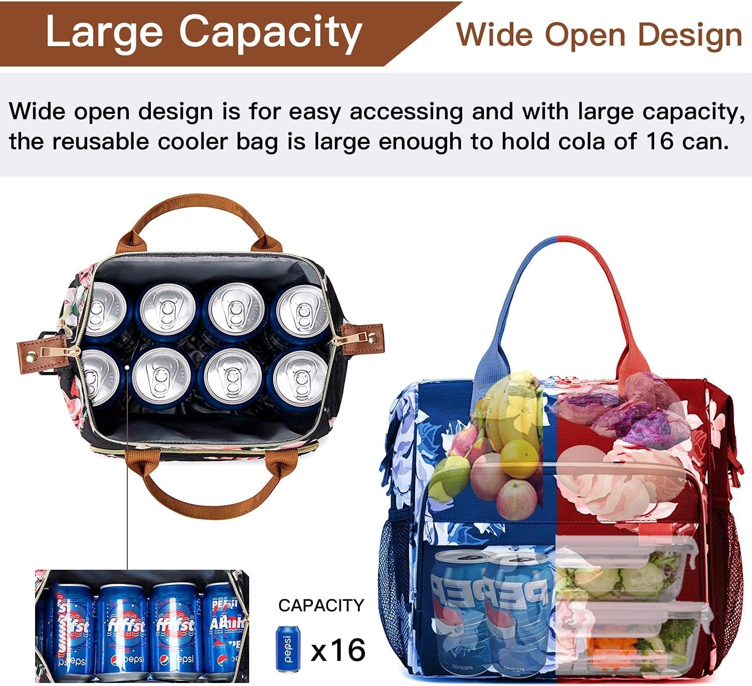 TuErCao Lunch Bag Women Large Insulated Lunch Box for Work Adult Portable Cooler Bag Cute Lunch Tote Bag Reusable Freezable Leakproof Office Picnic Beach Adjustable Shoulder Strap