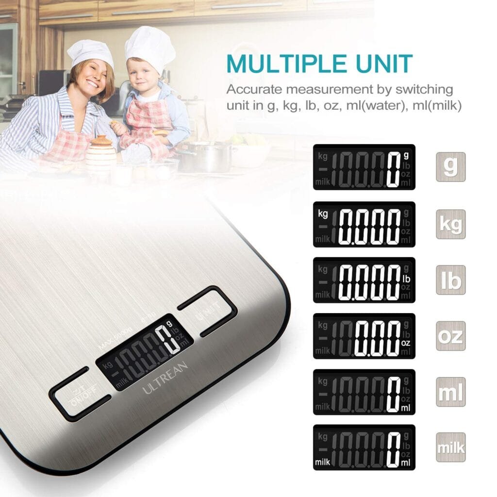 Ultrean Food Scale, Digital Kitchen Scale Weight Grams and Ounces for Baking Cooking and Meal Prep, 6 Units with Tare Function, 11lb (Batteries Included) Ultrean Food Scale, Digital Kitchen Scale Weight Grams and Ounces for Baking Cooking and Meal Prep, 6 Units with Tare Function, 11lb (Batteries Included)