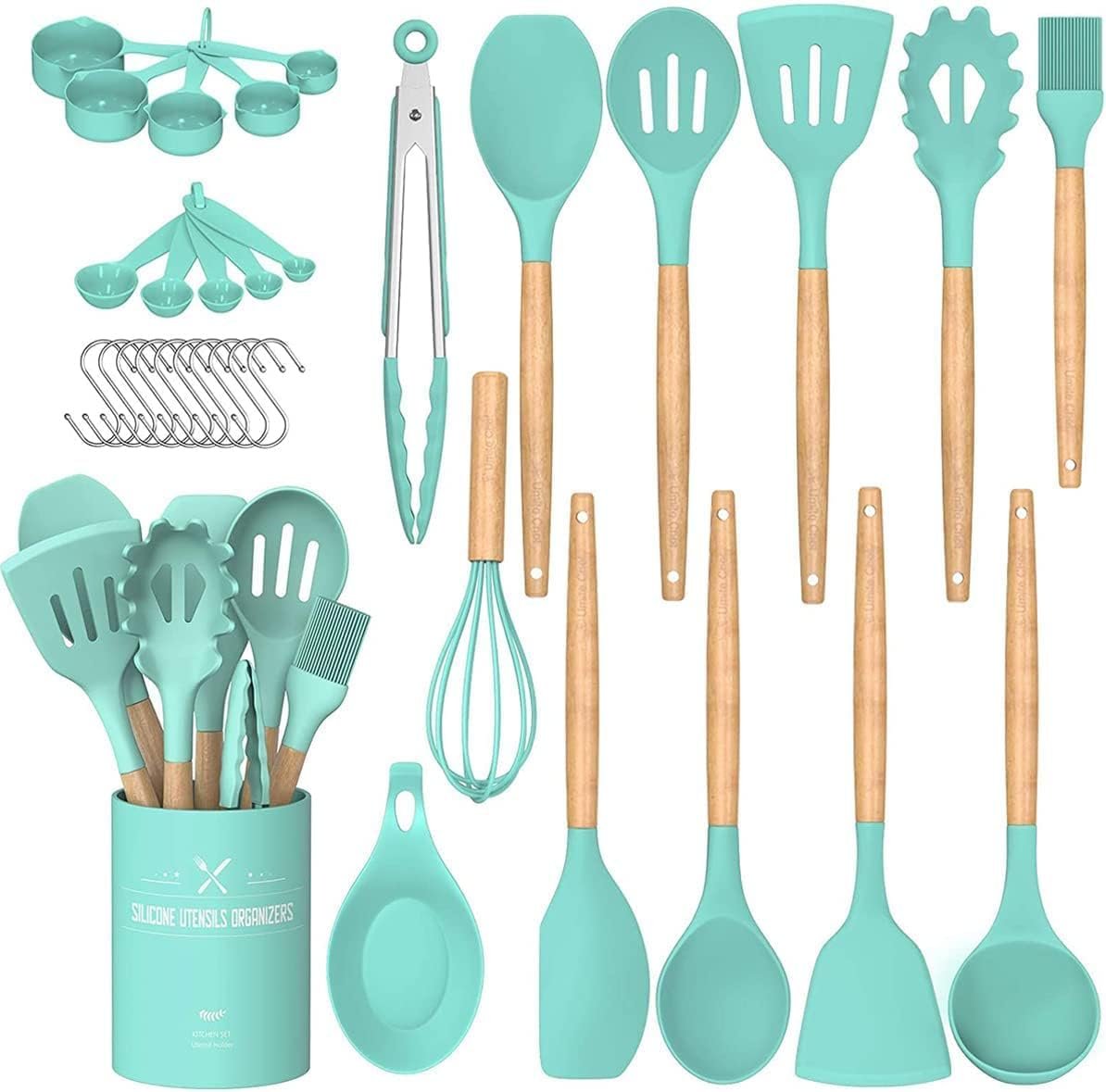 Umite Chef Kitchen Cooking Utensils Set, 33 pcs Non-Stick Silicone Cooking Kitchen Utensils Spatula Set with Holder, Wooden Handle Silicone Kitchen Gadgets Utensil Set (Khaki) Umite Chef Kitchen Cooking Utensils Set, 33 pcs Non-Stick Silicone Cooking Kitchen Utensils Spatula Set with Holder, Wooden Handle Silicone Kitchen Gadgets Utensil Set (Khaki)