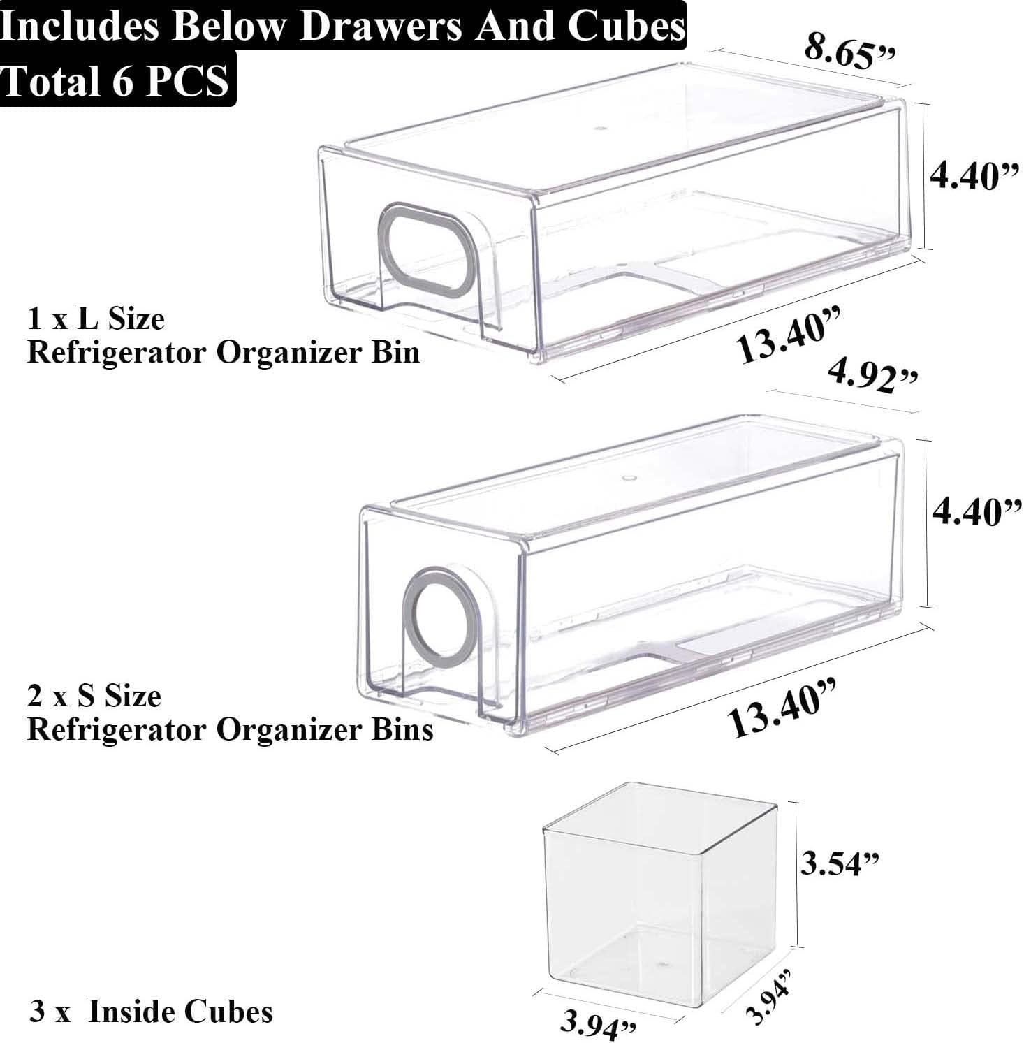 UNIKON 6 PCS Fridge Storage Bins Refrigerator Organization, Stackable Plastic Drawers Organizer Organizers for (White Handle, 3 And Cubes) UNIKON 6 PCS Fridge Storage Bins Refrigerator Organization, Stackable Plastic Drawers Organizer Organizers for (White Handle, 3 And Cubes)