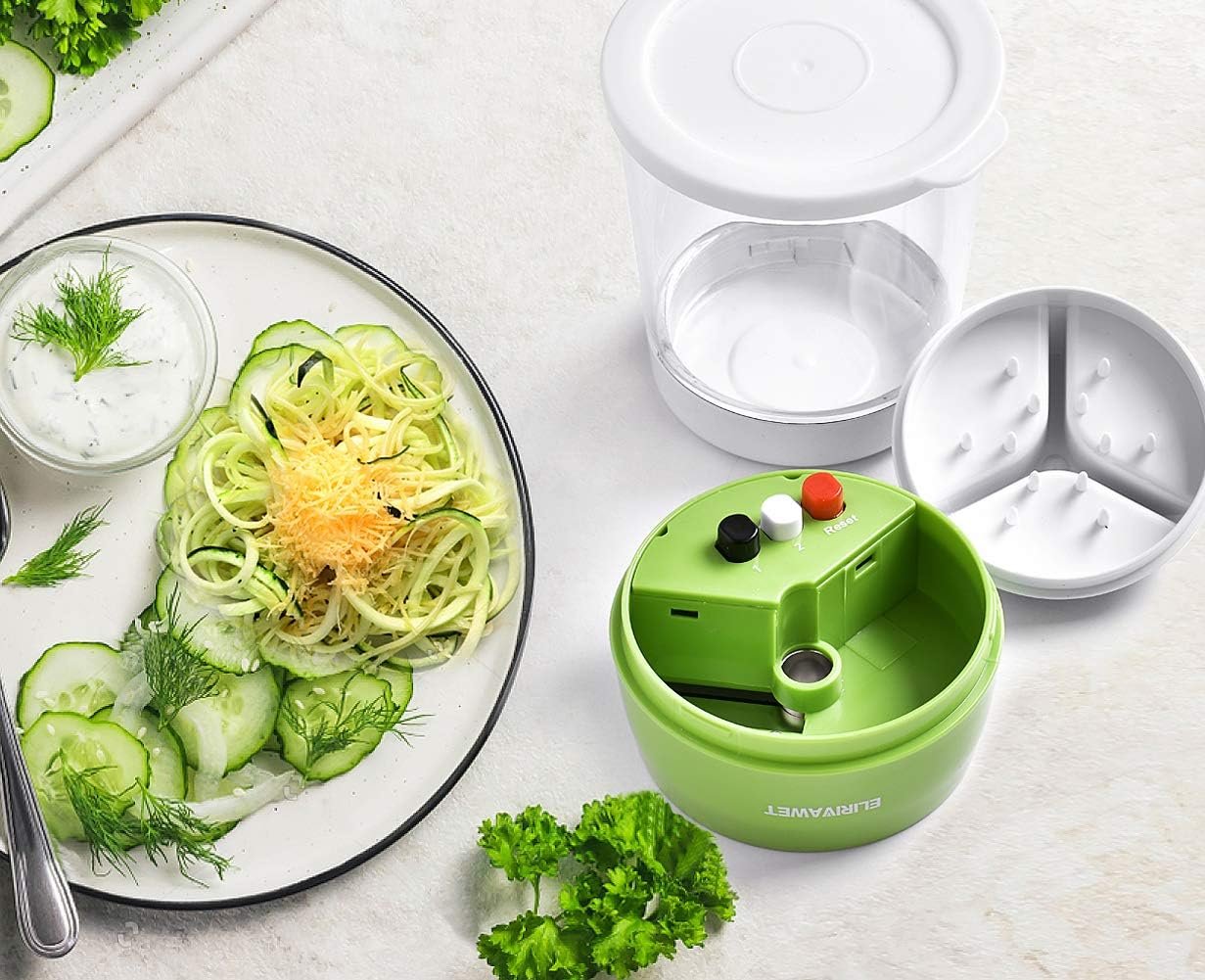 Upgraded 5 in1 Handheld Spiralizer Vegetable Slicer, Heavy Duty Veggie Spiral Cutter with Container, Carrot,Cucumber, Zucchini,Onion Spaghetti Maker