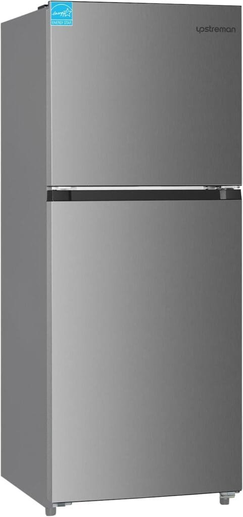 Upstreman 11.6 Cu.Ft. Double Door Fridge in Stainless Steel with Large Capacity Top Freezer, Auto Defrost, Adjustable Thermostat Control, Reversible Door Swing, ENERGY STAR Upstreman 11.6 Cu.Ft. Double Door Fridge in Stainless Steel with Large Capacity Top Freezer, Auto Defrost, Adjustable Thermostat Control, Reversible Door Swing, ENERGY STAR