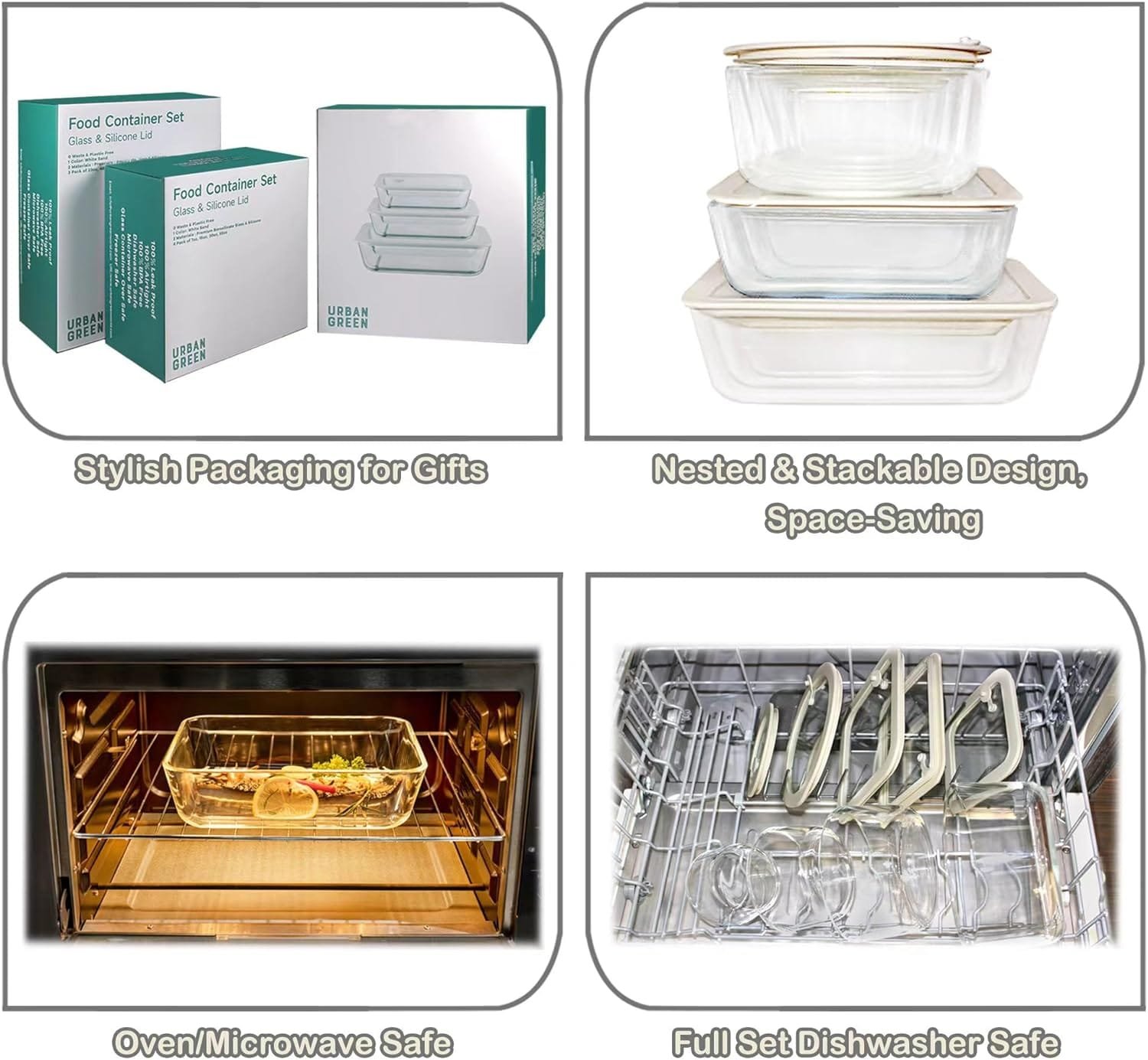 Urban Green Glass Food Container Set with Glass Lid, 4 Pack, Glass Food Containers with Silicone Framed Glass Lid, Airtight, Leakproof, 100% Plastic Free, Glass Meal Prep Containers