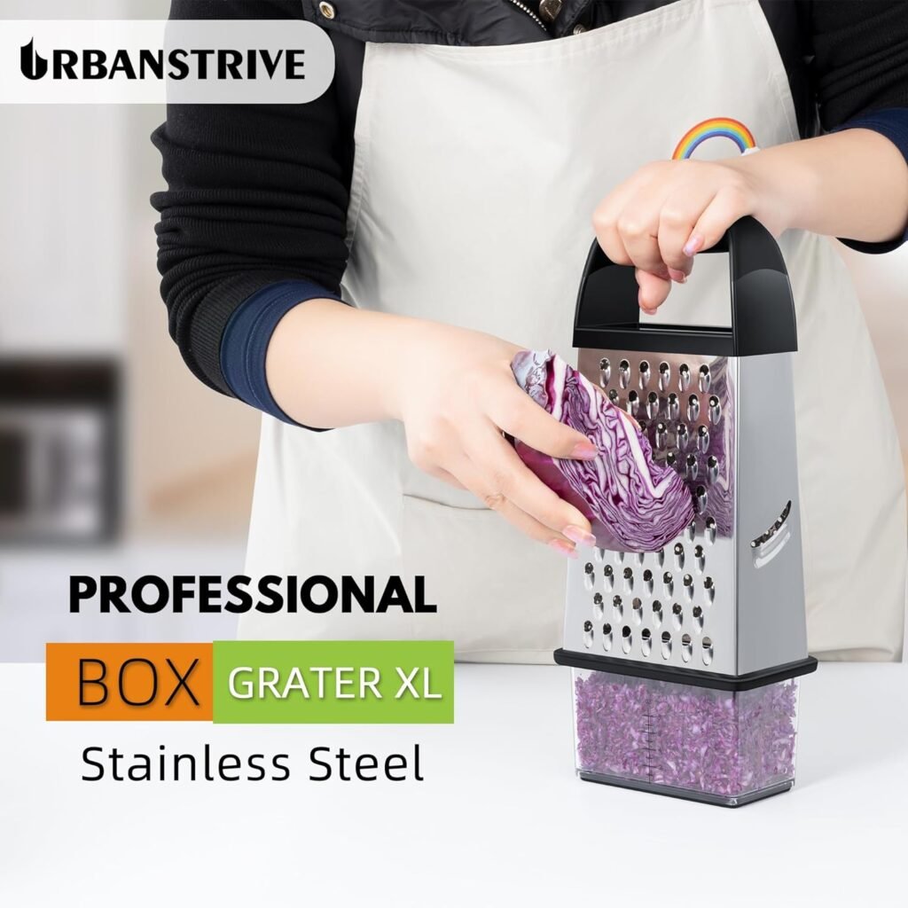 Urbanstrive Cheese Grater With Container, Professional Cheese Grater with Handle, Stainless Steel Graters for Kitchen Handheld, Box Grater with 4 Sides for Vegetables, Ginger, Potatoes, Black