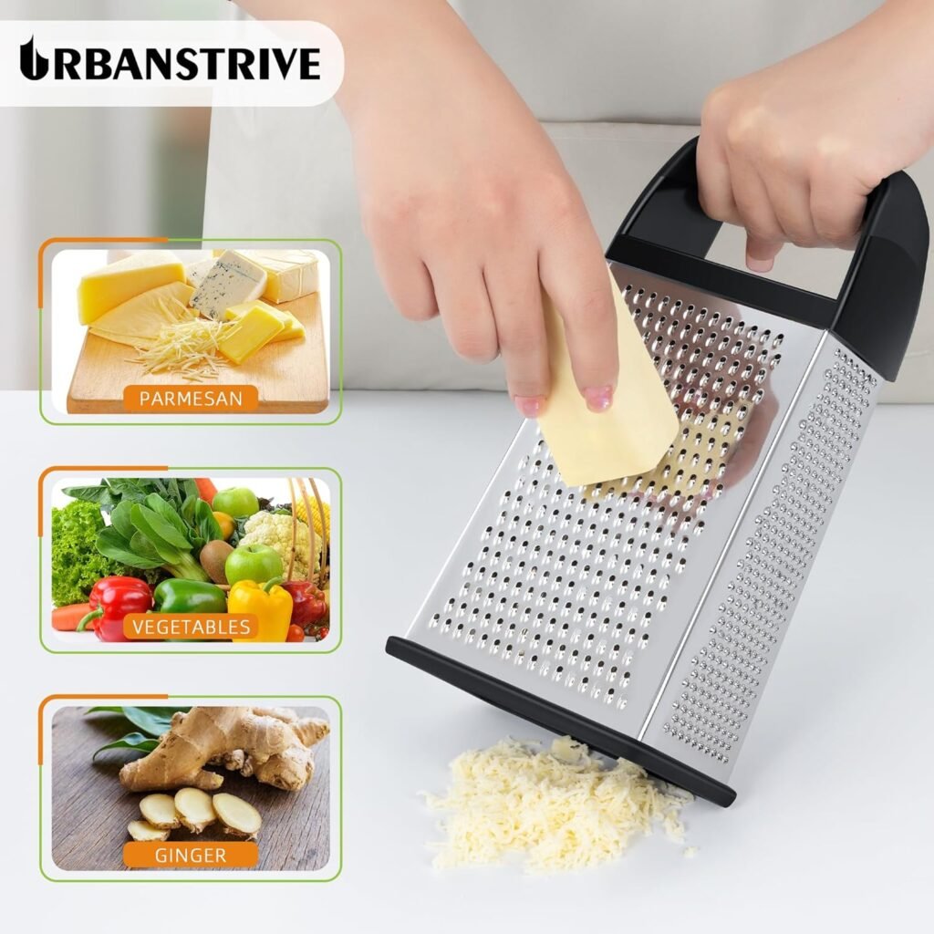 Urbanstrive Cheese Grater With Container, Professional Cheese Grater with Handle, Stainless Steel Graters for Kitchen Handheld, Box Grater with 4 Sides for Vegetables, Ginger, Potatoes, Black