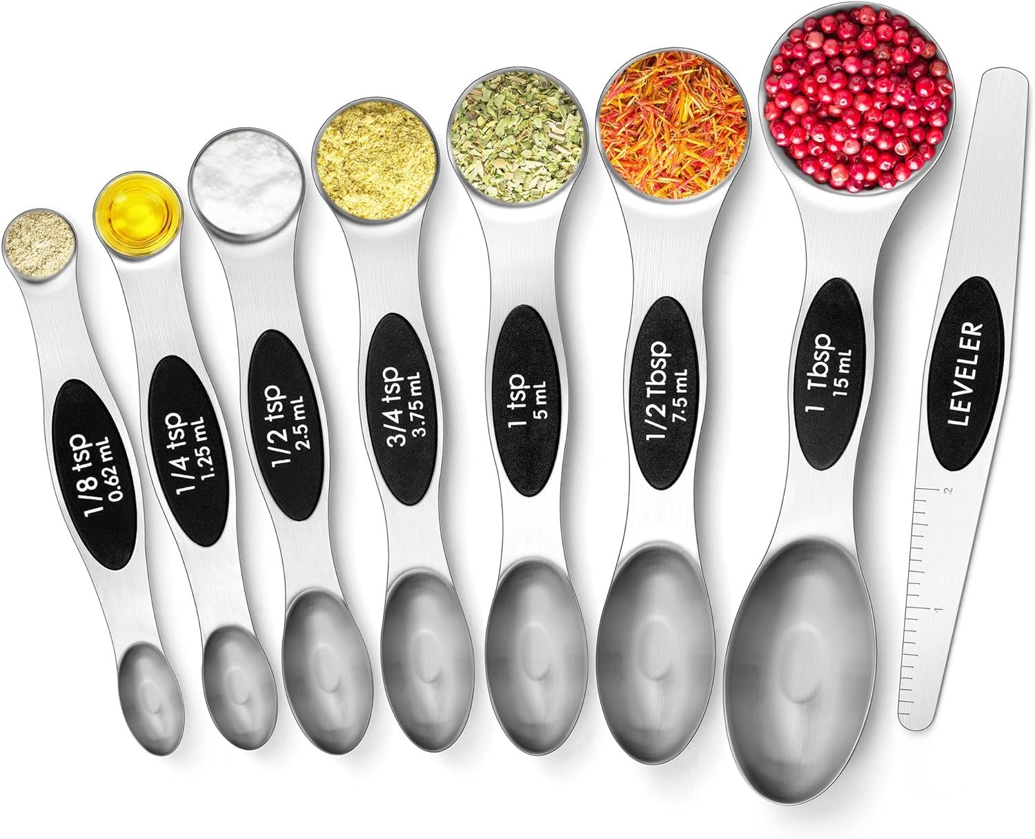 Urbanstrive Magnetic Measuring Spoons Set Stainless Steel, Dual Sided for Liquid Dry Food, Measuring Cups Spoons Set Fits in Spice Jar, Kitchen Gadgets, Cooking Utensils Set, Including Leveler, Silver