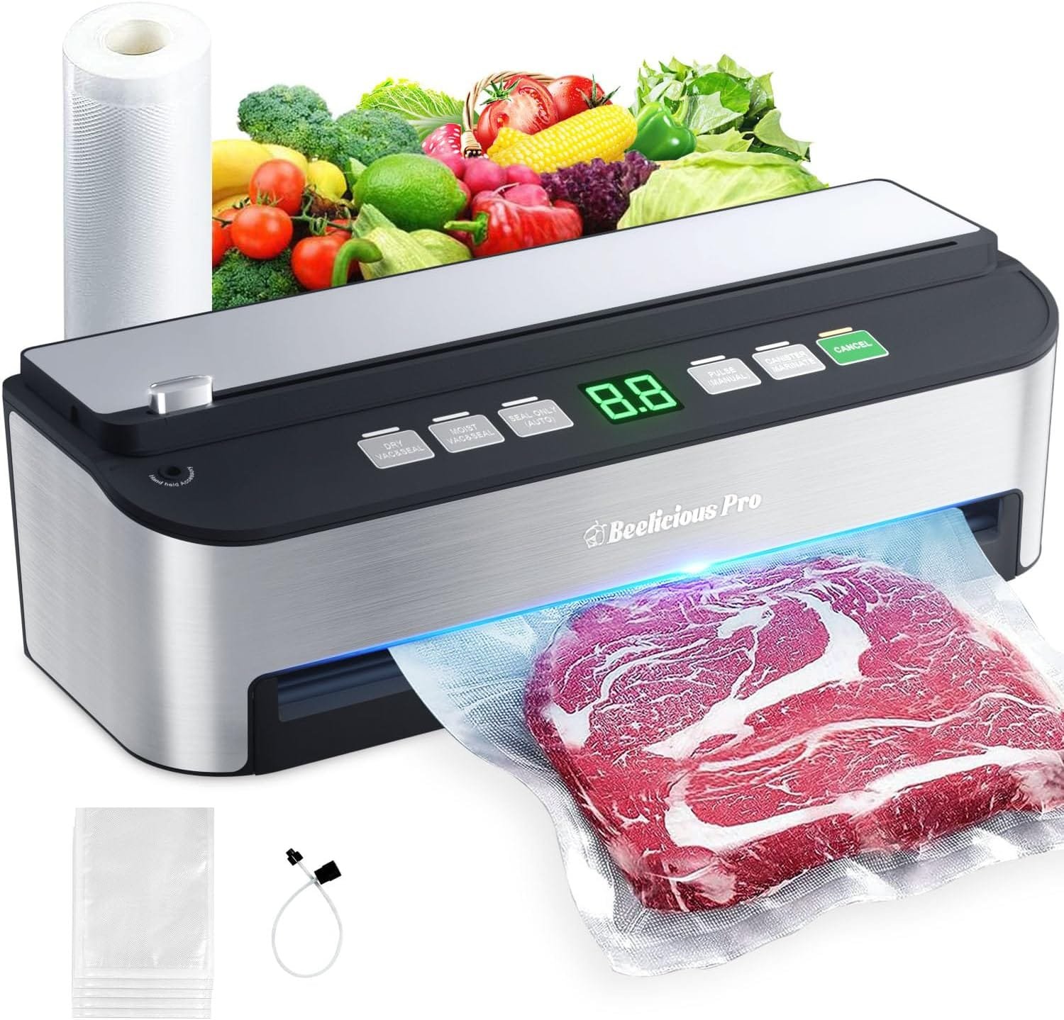 Vacuum Sealer Machine, Beelicious® 85KPA Fully Automatic 8-IN-1 Food Sealer with Bags Storage, Build-in Cutter, Moist Mode and Air Suction Hose | Digital Countdown | Sous Vide