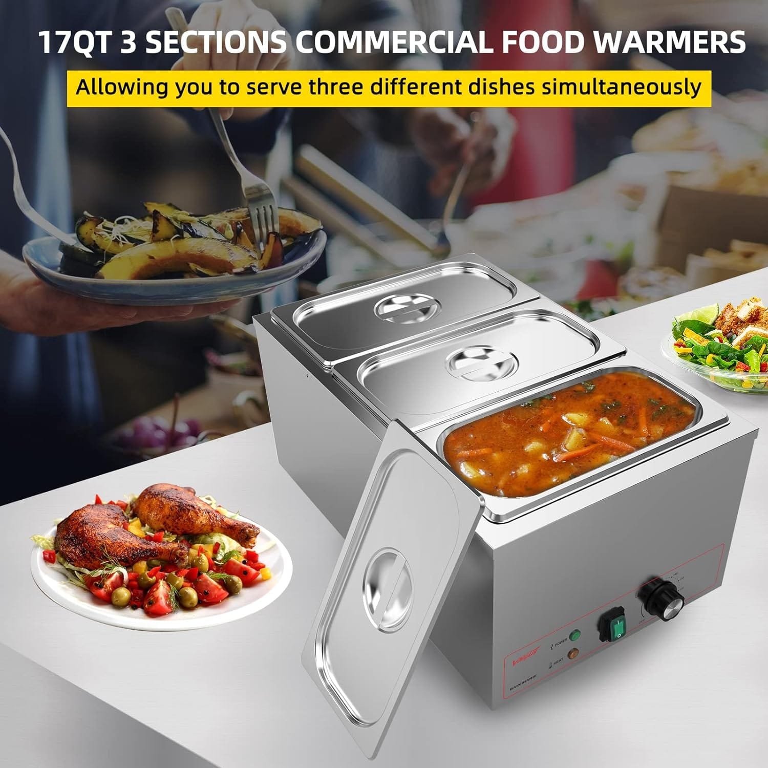 Valgus Commercial Stainless Steel 4 Sections Bain Marie Food Warmer 16 Qt Buffet Server with Lid and Tap for Home, Catering, Restaurants Valgus Commercial Stainless Steel 4 Sections Bain Marie Food Warmer 16 Qt Buffet Server with Lid and Tap for Home, Catering, Restaurants
